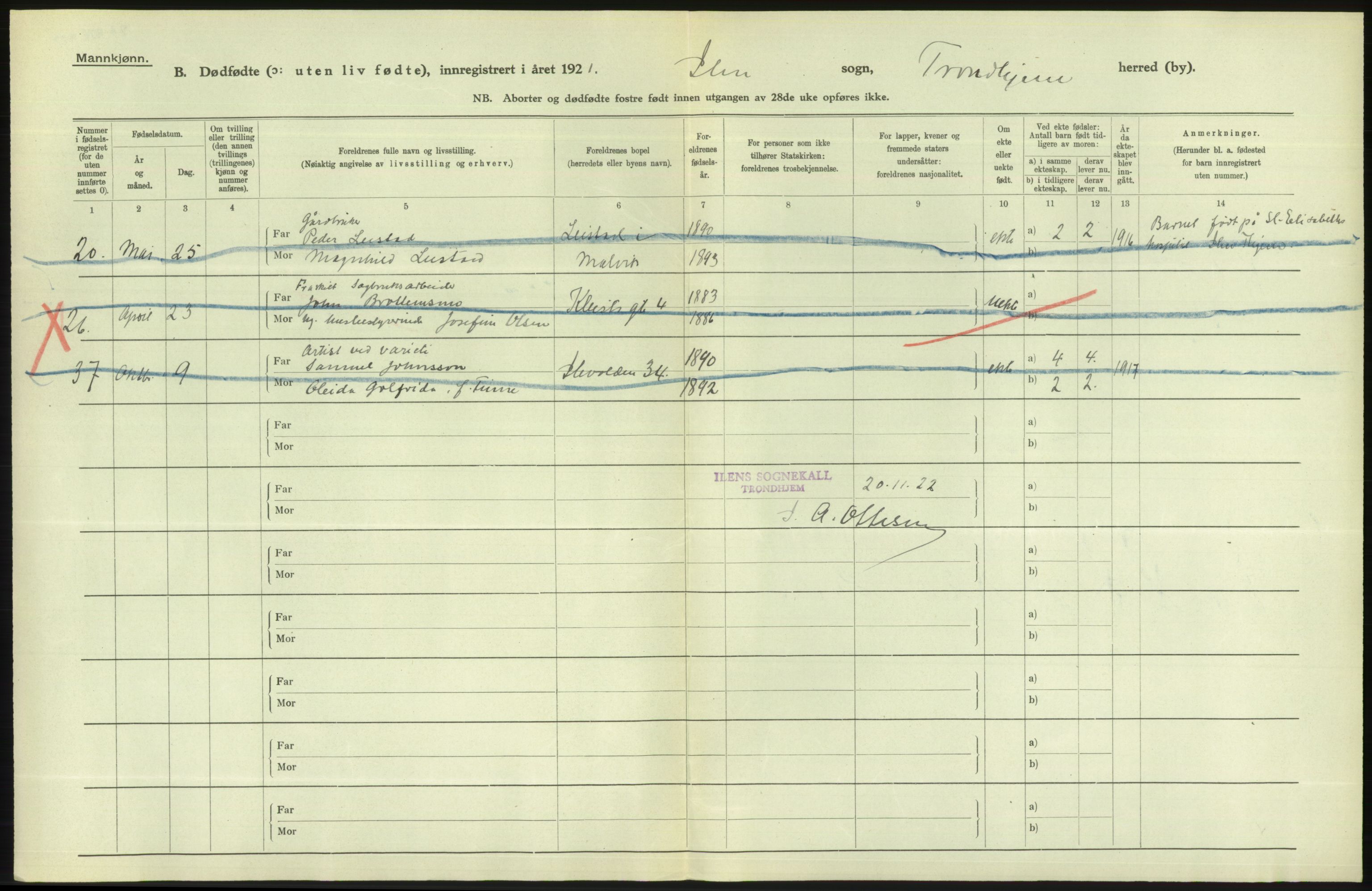 Statistisk sentralbyrå, Sosiodemografiske emner, Befolkning, AV/RA-S-2228/D/Df/Dfc/Dfca/L0046: Trondheim: Døde, dødfødte., 1921, p. 294