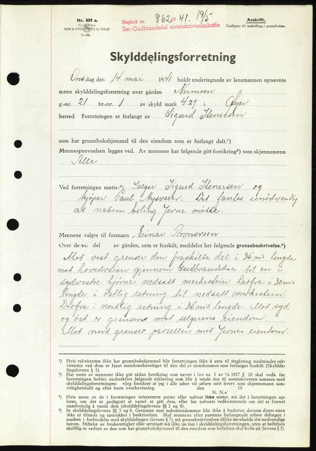 Sør-Gudbrandsdal tingrett, SAH/TING-004/H/Hb/Hbd/L0009: Mortgage book no. A9, 1941-1941, Diary no: : 862/1941