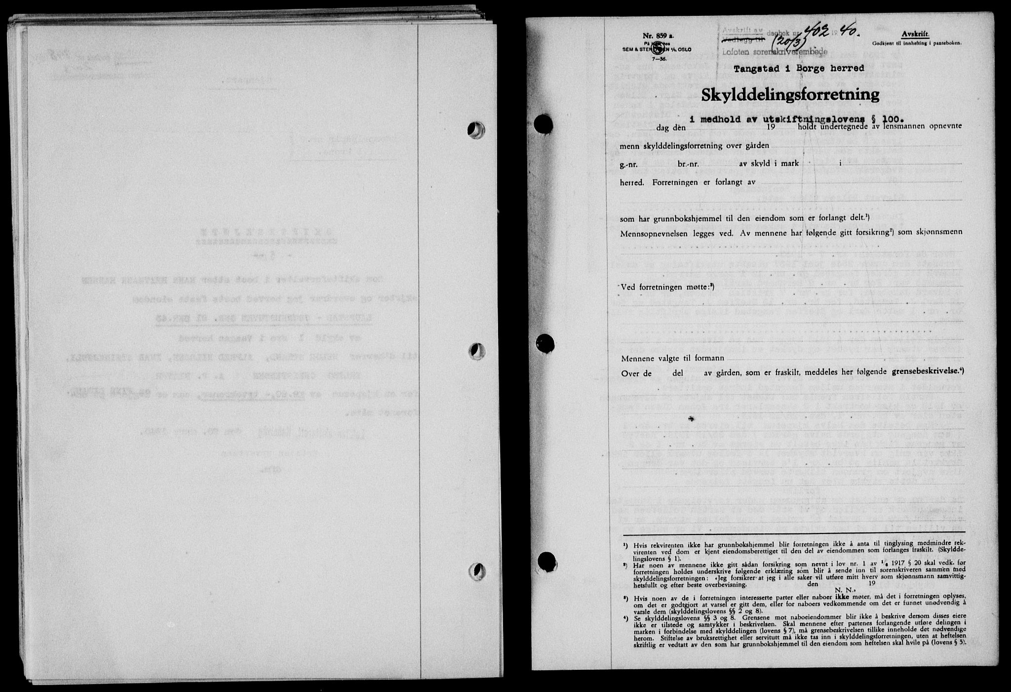 Lofoten sorenskriveri, SAT/A-0017/1/2/2C/L0007a: Mortgage book no. 7a, 1939-1940, Diary no: : 402/1940