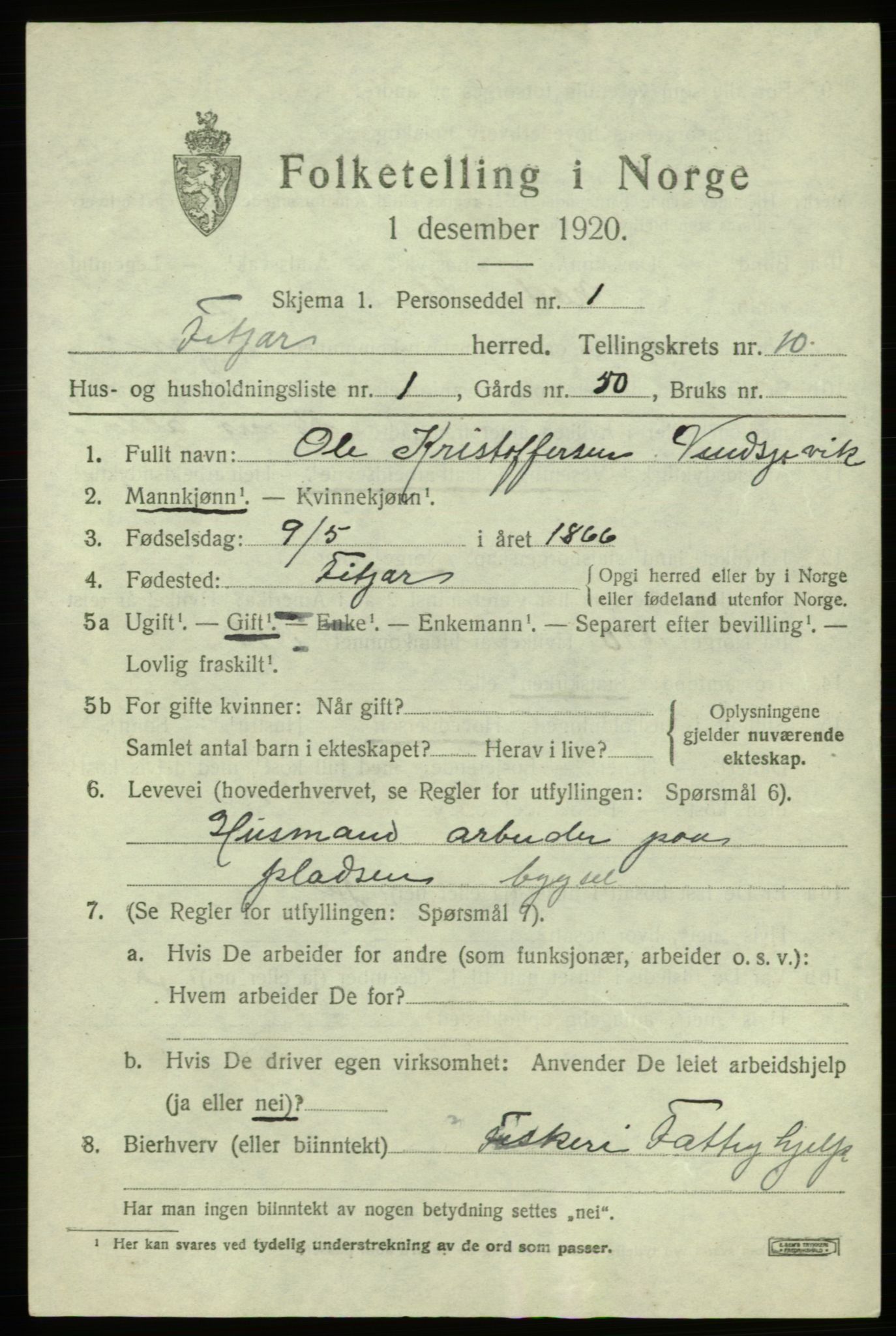 SAB, 1920 census for Fitjar, 1920, p. 4088