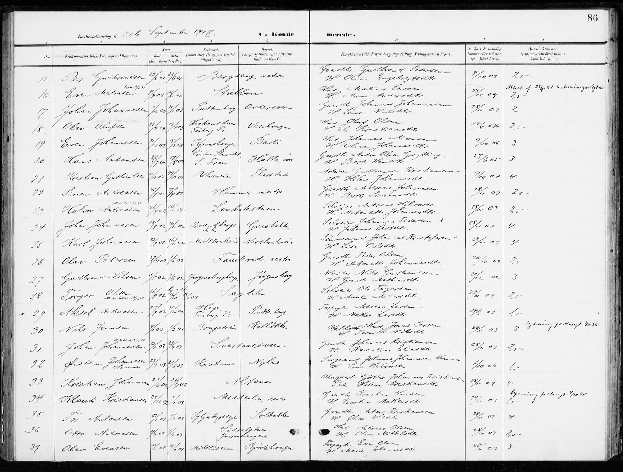 Ringsaker prestekontor, AV/SAH-PREST-014/K/Ka/L0021: Parish register (official) no. 21, 1905-1920, p. 86