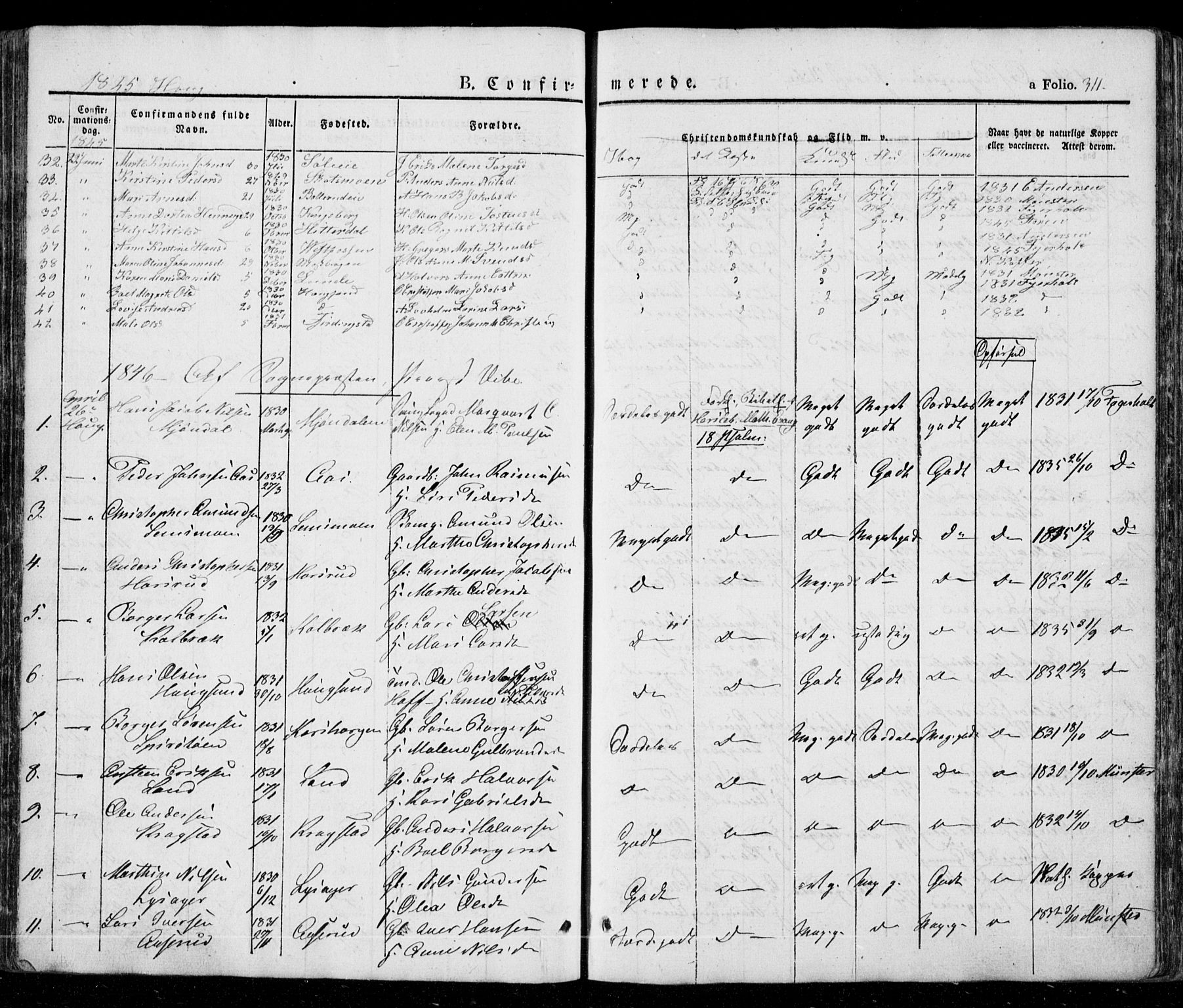 Eiker kirkebøker, AV/SAKO-A-4/G/Ga/L0002: Parish register (copy) no. I 2, 1832-1856, p. 311