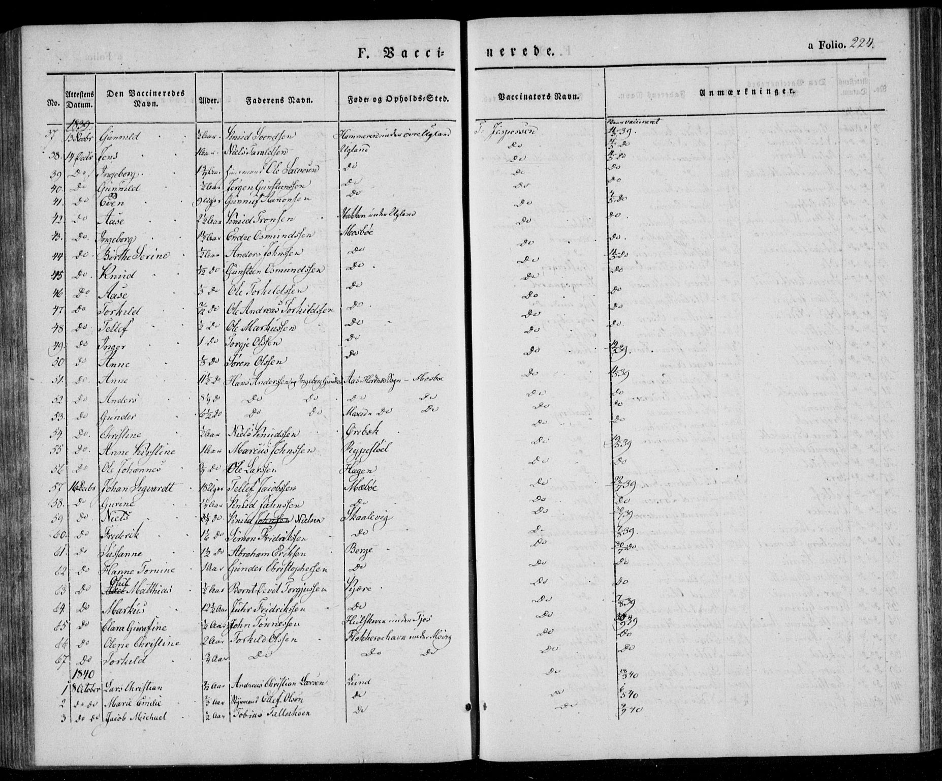 Oddernes sokneprestkontor, AV/SAK-1111-0033/F/Fa/Faa/L0006: Parish register (official) no. A 6, 1838-1851, p. 224