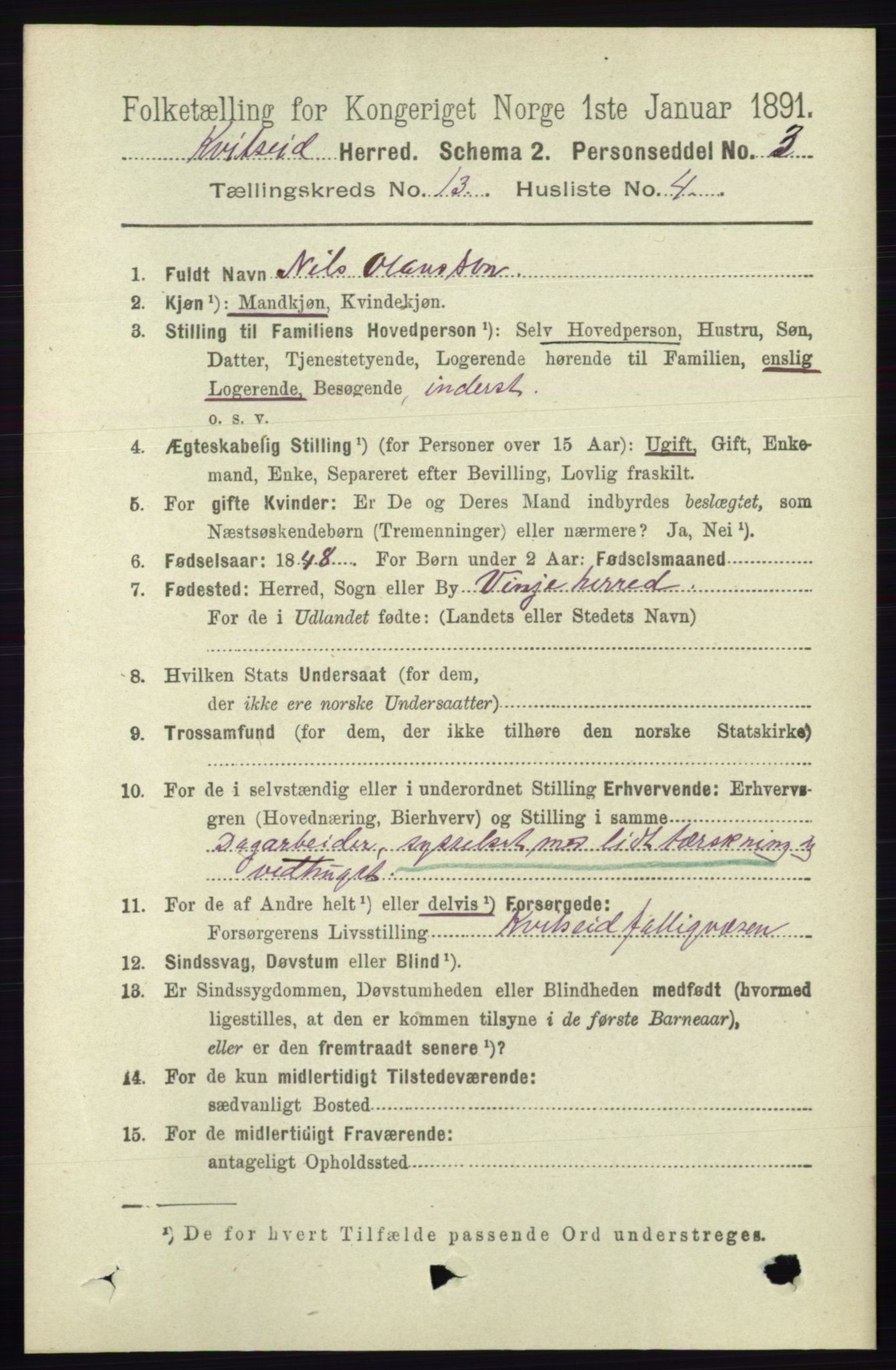 RA, 1891 census for 0829 Kviteseid, 1891, p. 3101