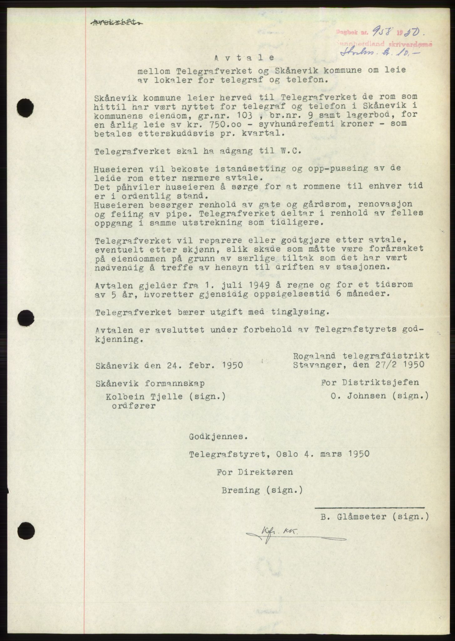 Sunnhordland sorenskrivar, AV/SAB-A-2401: Mortgage book no. B75-79, 1948-1950, Diary no: : 958/1950