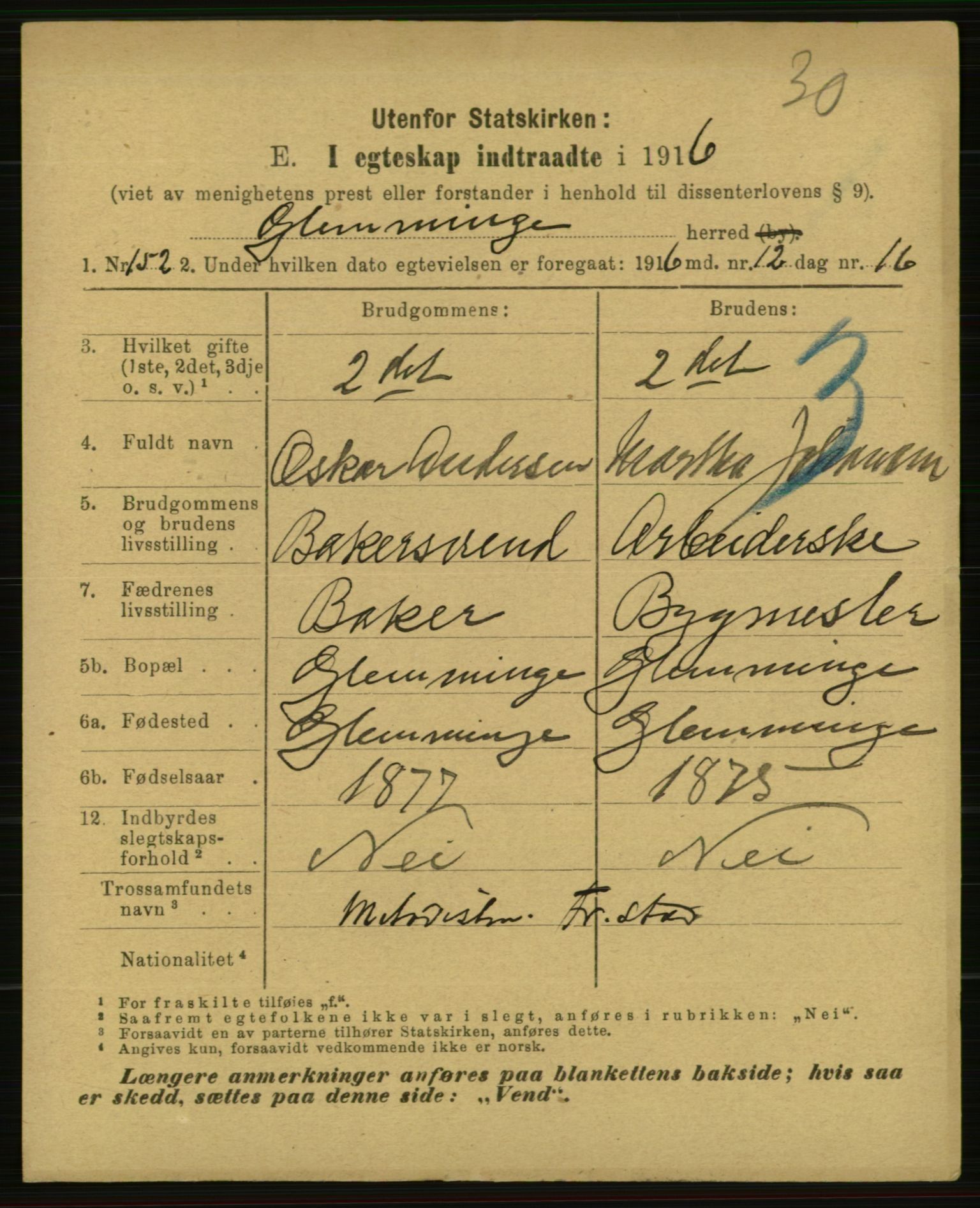 Statistisk sentralbyrå, Sosiodemografiske emner, Befolkning, RA/S-2228/E/L0014: Fødte, gifte, døde dissentere., 1916, p. 3013