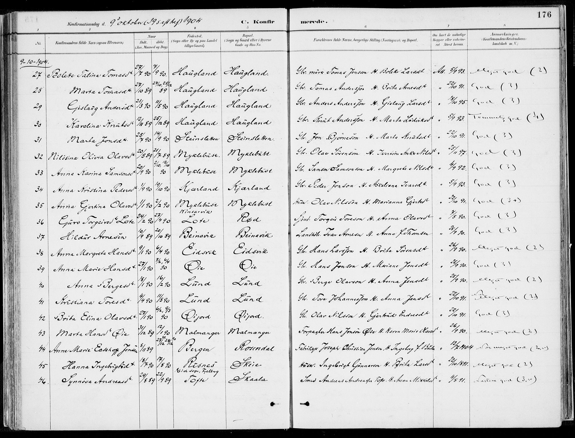 Kvinnherad sokneprestembete, SAB/A-76401/H/Haa: Parish register (official) no. B  1, 1887-1921, p. 176