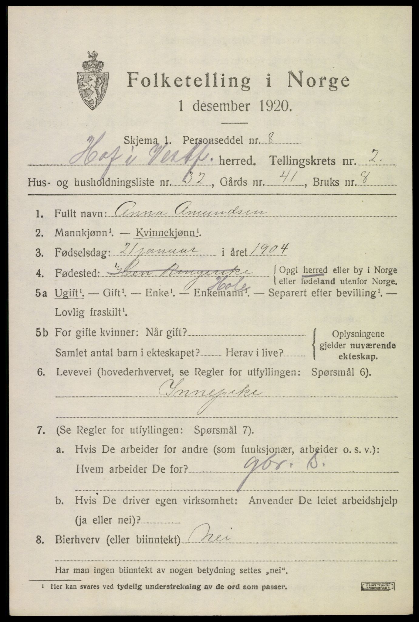 SAKO, 1920 census for Hof, 1920, p. 2729