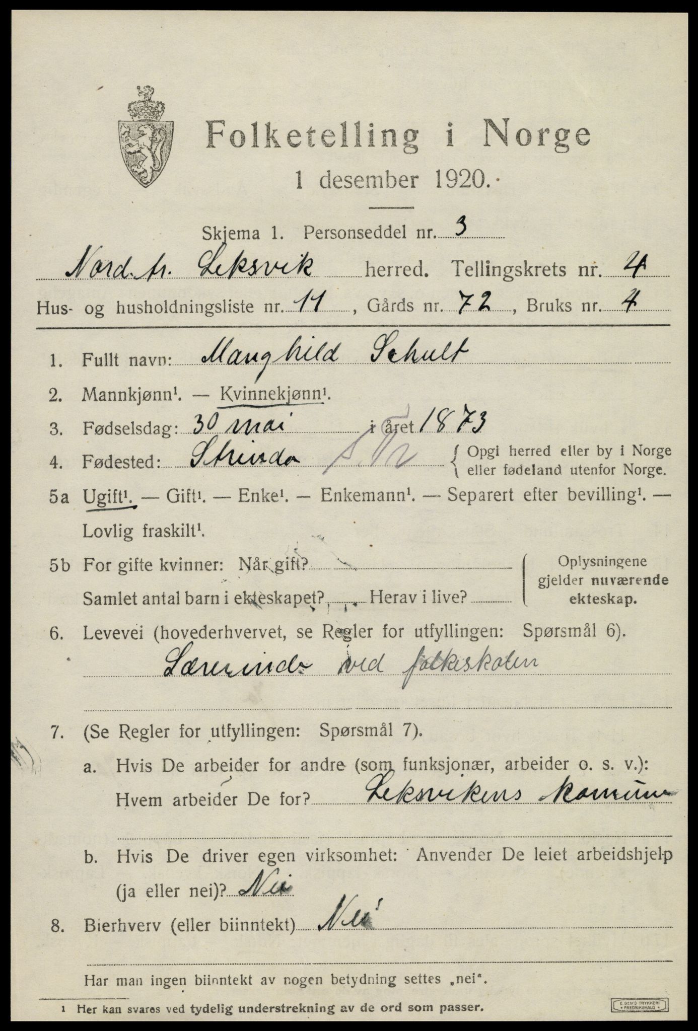 SAT, 1920 census for Leksvik, 1920, p. 3630