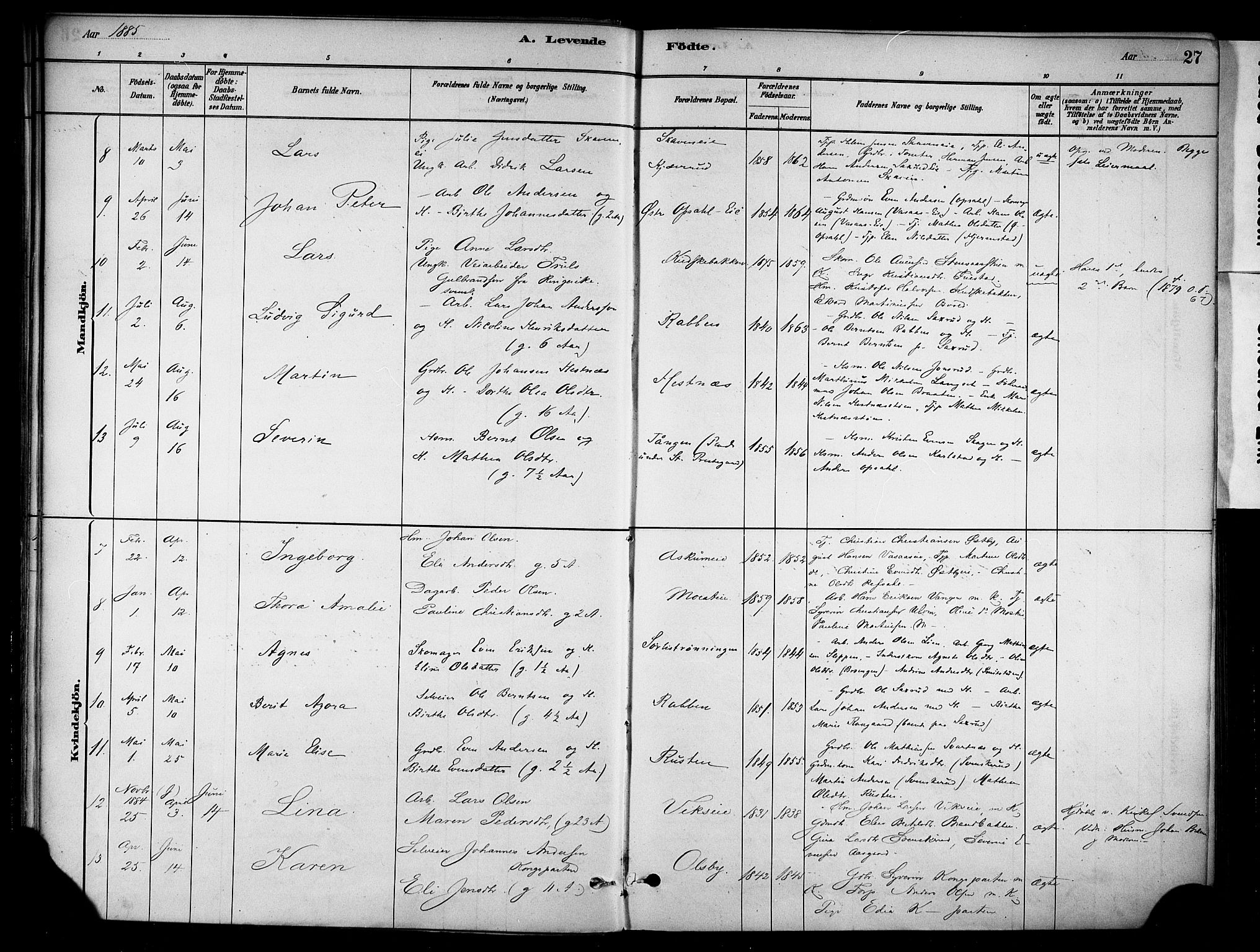 Stange prestekontor, AV/SAH-PREST-002/K/L0018: Parish register (official) no. 18, 1880-1896, p. 27