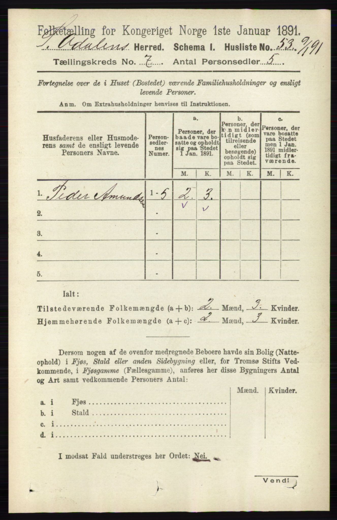 RA, 1891 census for 0419 Sør-Odal, 1891, p. 3545