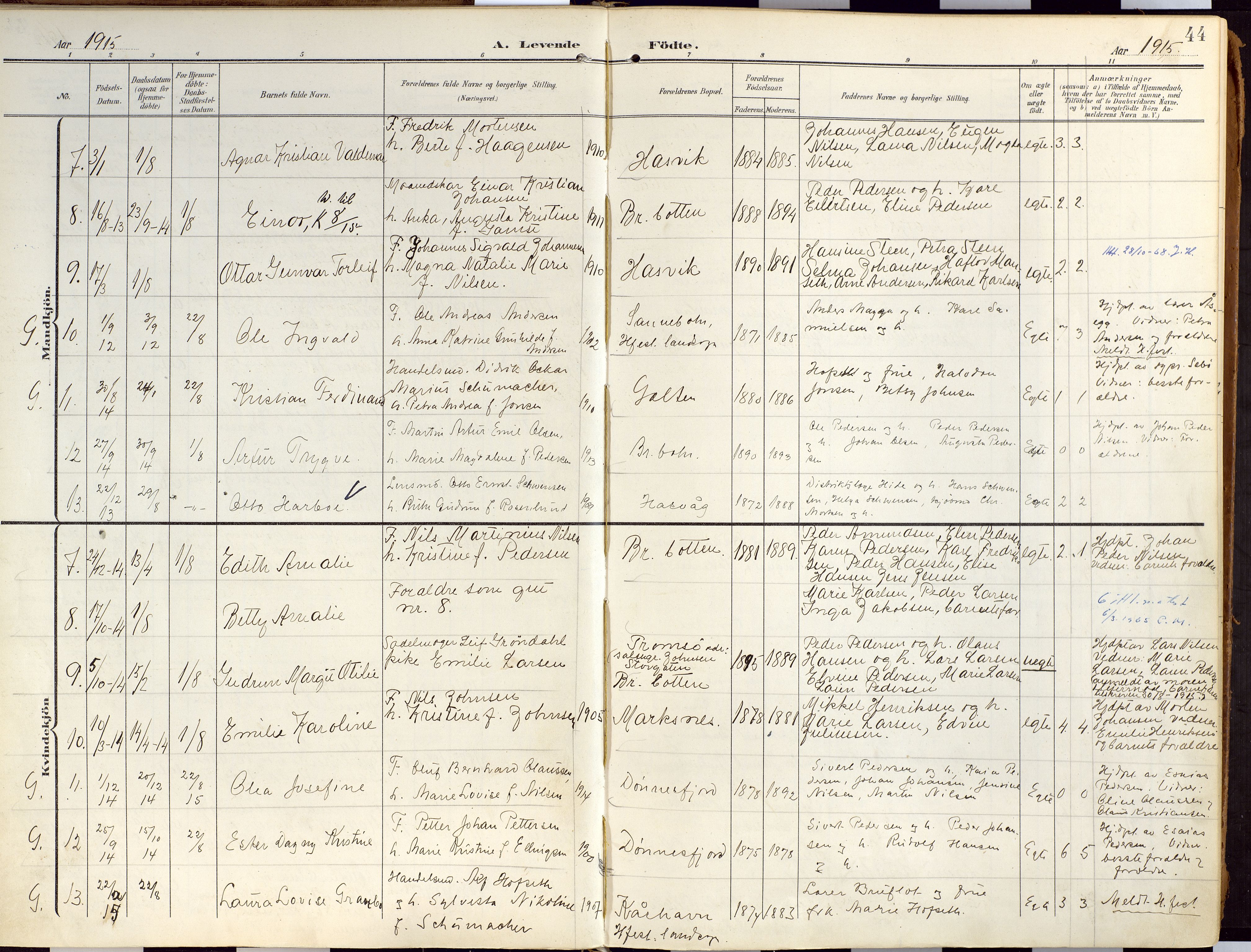 Loppa sokneprestkontor, SATØ/S-1339/H/Ha/L0010kirke: Parish register (official) no. 10, 1907-1922, p. 44