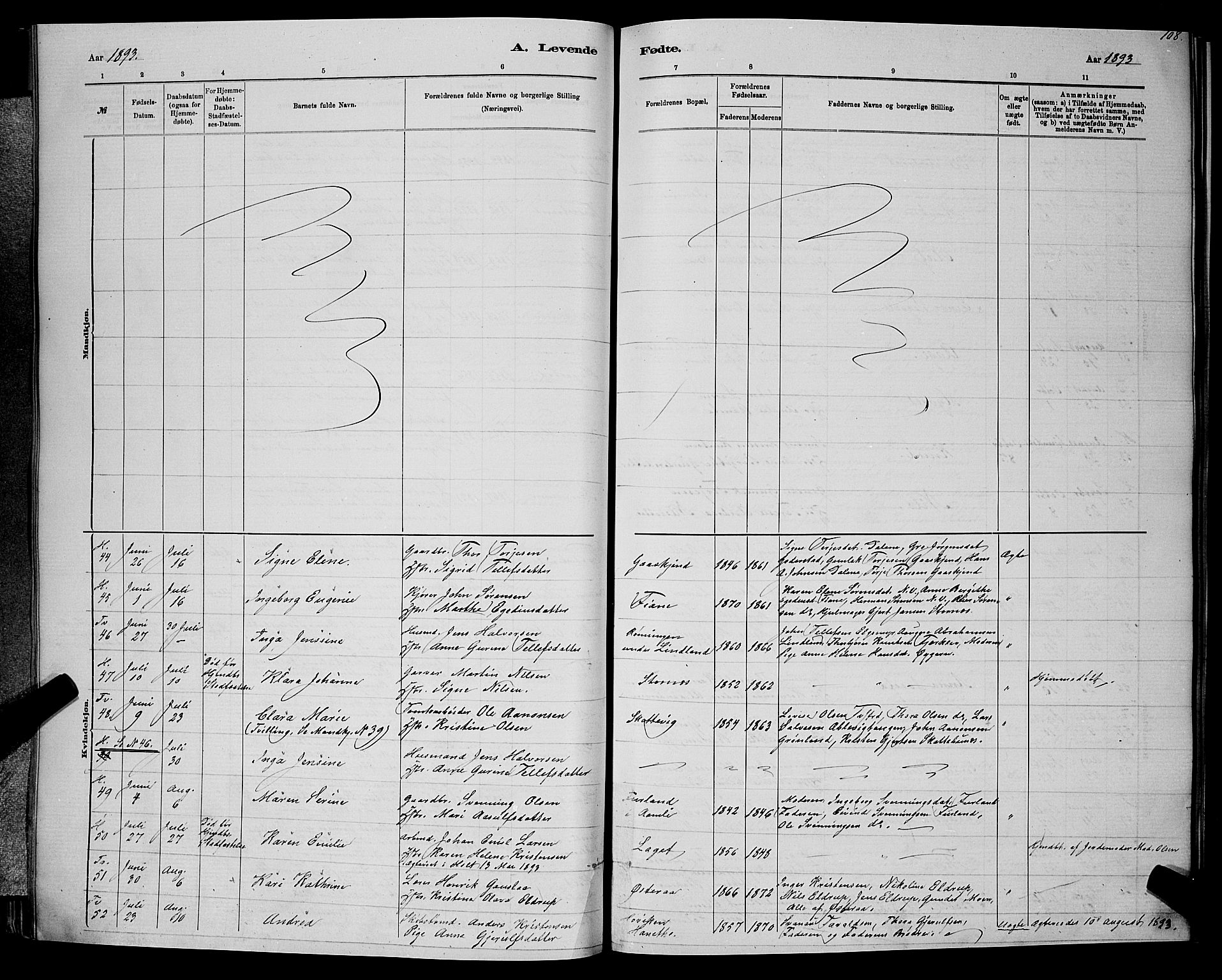 Holt sokneprestkontor, AV/SAK-1111-0021/F/Fb/L0010: Parish register (copy) no. B 10, 1883-1896, p. 108