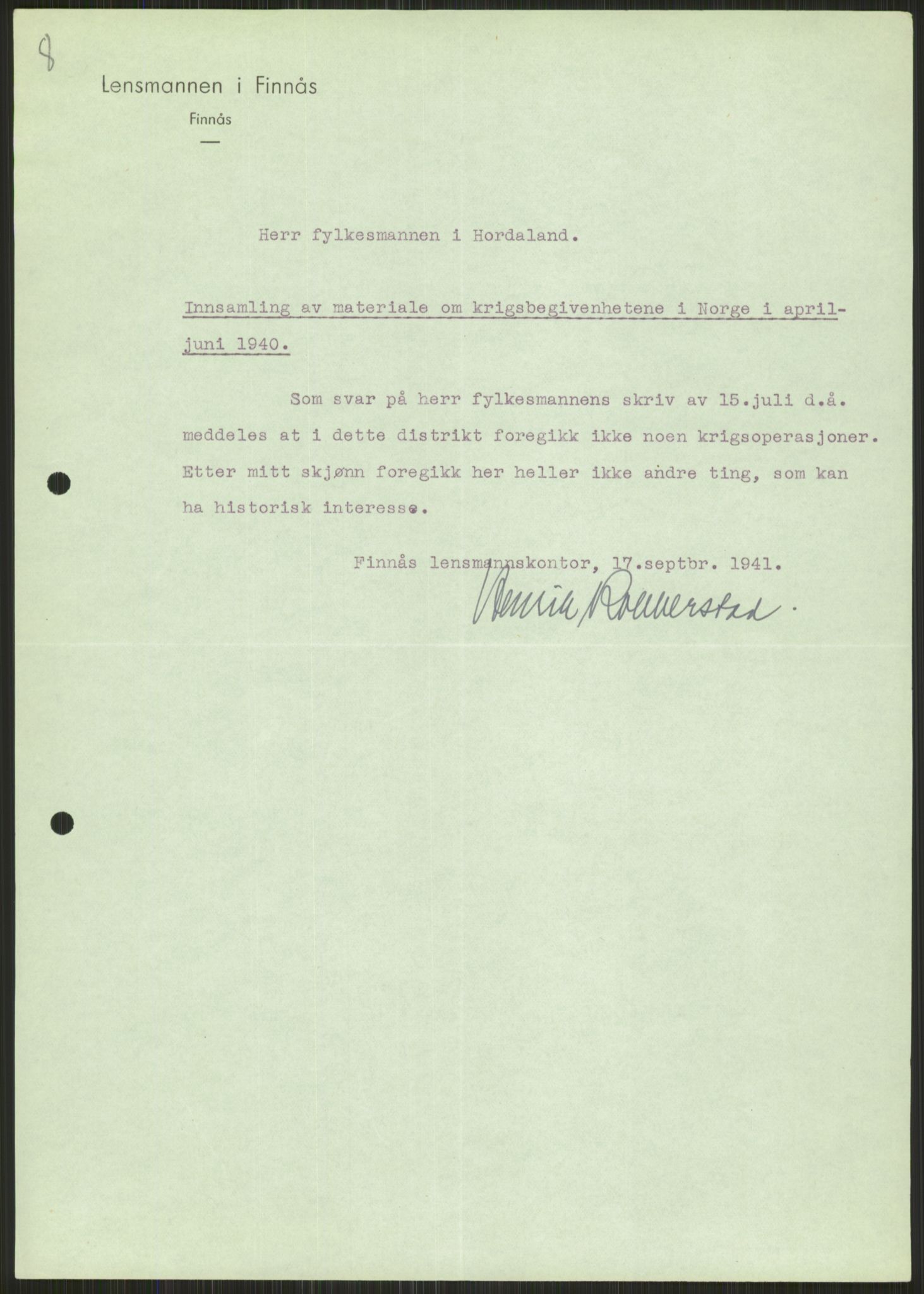 Forsvaret, Forsvarets krigshistoriske avdeling, AV/RA-RAFA-2017/Y/Ya/L0015: II-C-11-31 - Fylkesmenn.  Rapporter om krigsbegivenhetene 1940., 1940, p. 298