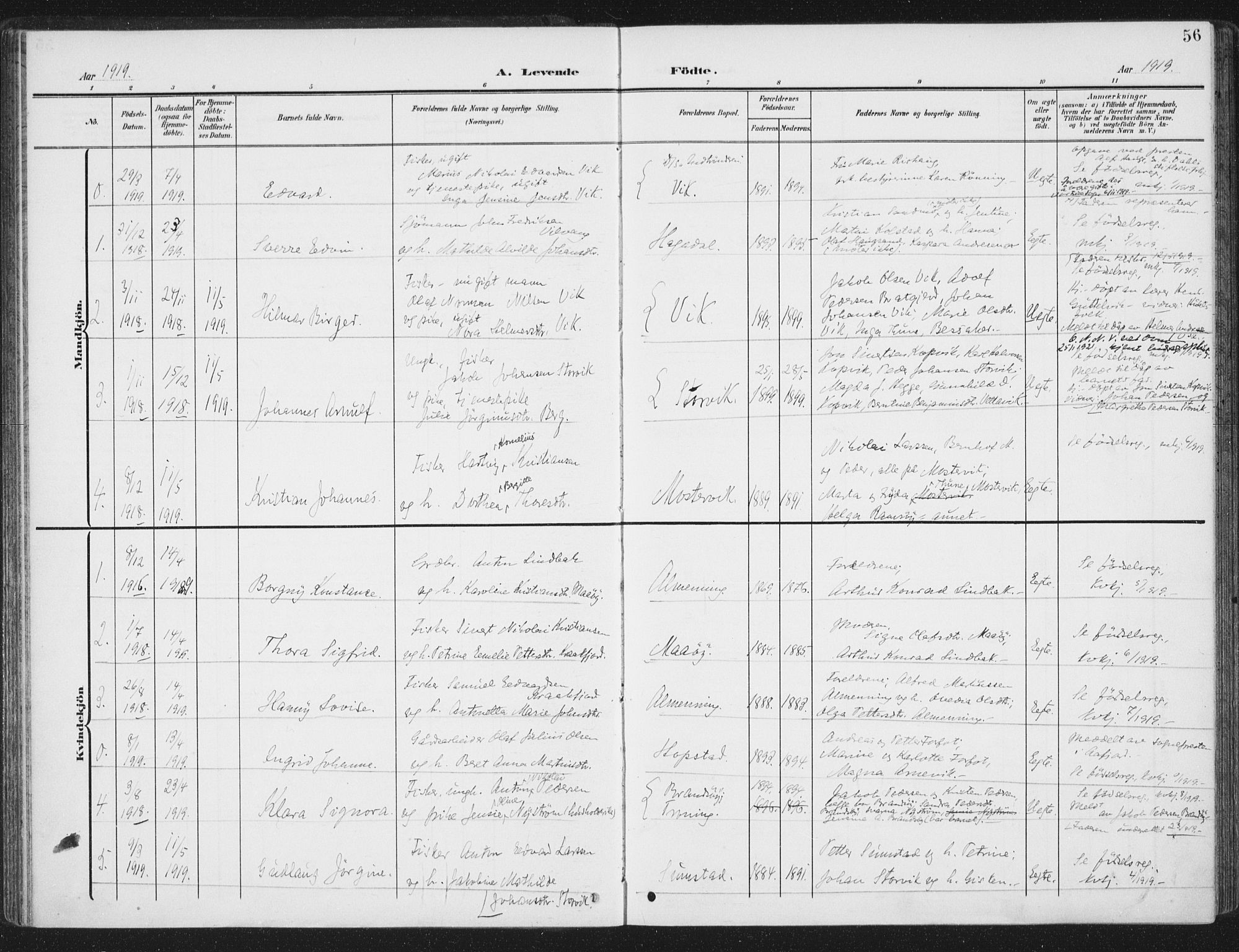 Ministerialprotokoller, klokkerbøker og fødselsregistre - Sør-Trøndelag, SAT/A-1456/657/L0709: Parish register (official) no. 657A10, 1905-1919, p. 56