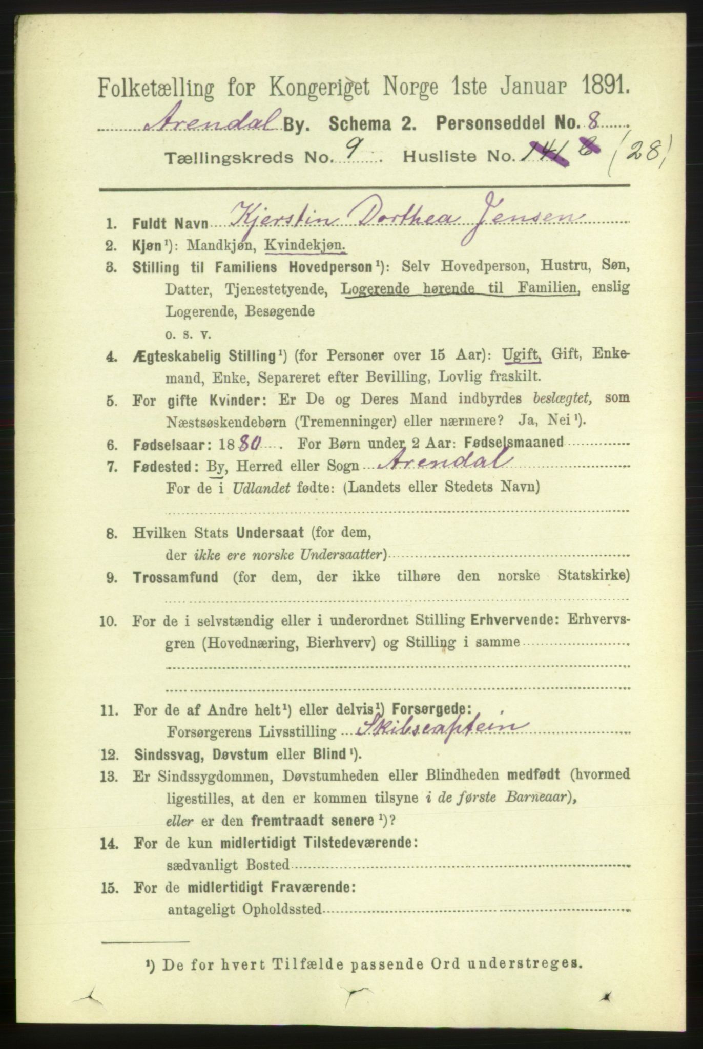 RA, 1891 census for 0903 Arendal, 1891, p. 3517