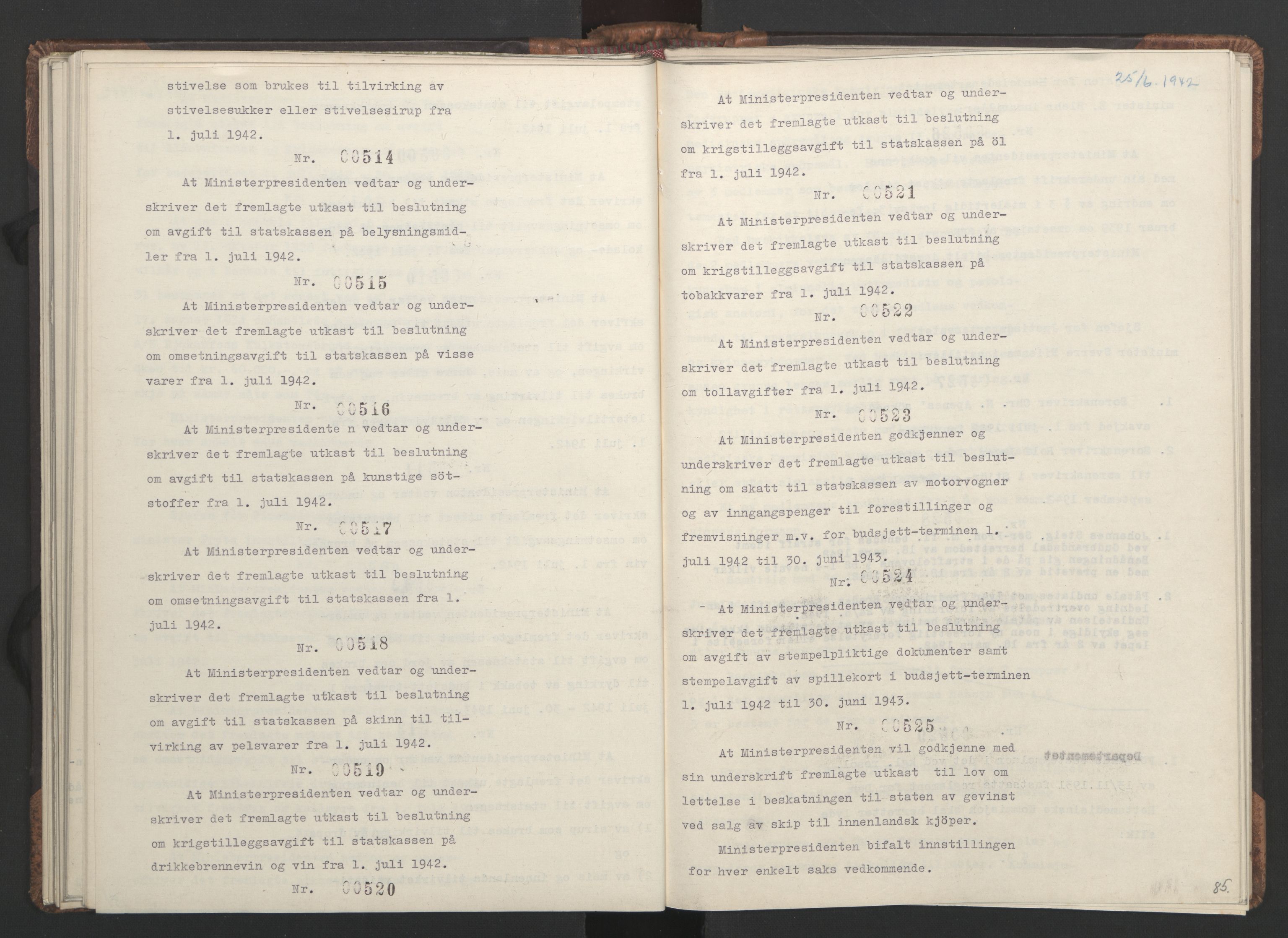 NS-administrasjonen 1940-1945 (Statsrådsekretariatet, de kommisariske statsråder mm), RA/S-4279/D/Da/L0001: Beslutninger og tillegg (1-952 og 1-32), 1942, p. 88