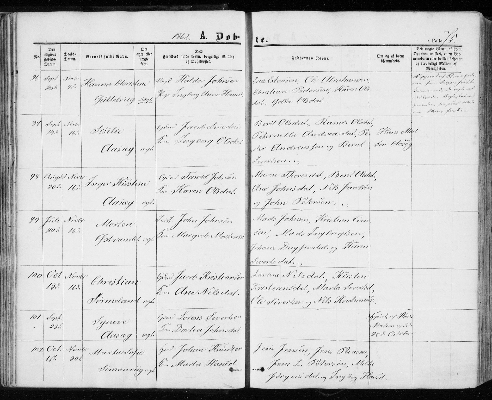 Ministerialprotokoller, klokkerbøker og fødselsregistre - Sør-Trøndelag, SAT/A-1456/657/L0705: Parish register (official) no. 657A06, 1858-1867, p. 75