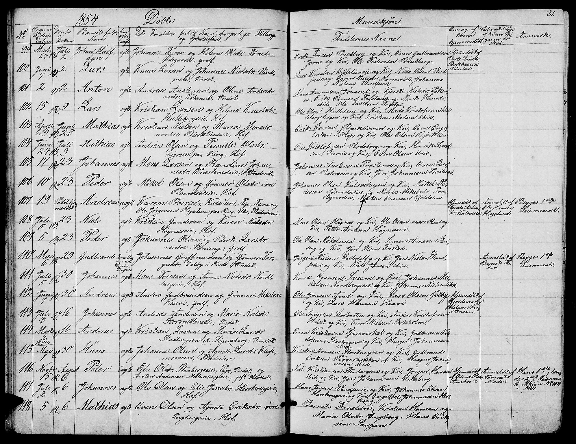 Ringsaker prestekontor, AV/SAH-PREST-014/L/La/L0006: Parish register (copy) no. 6, 1851-1860, p. 31