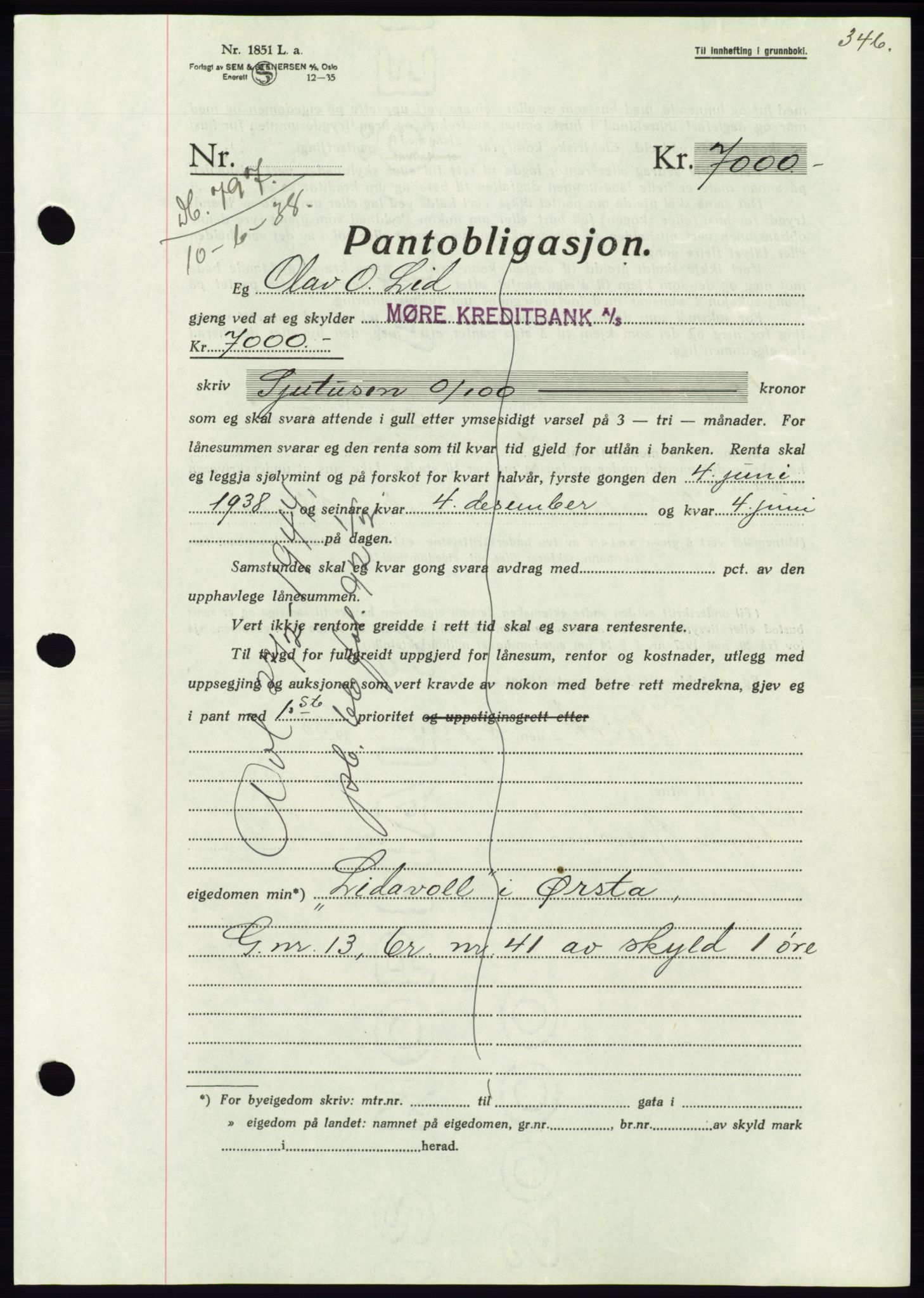 Søre Sunnmøre sorenskriveri, AV/SAT-A-4122/1/2/2C/L0065: Mortgage book no. 59, 1938-1938, Diary no: : 797/1938