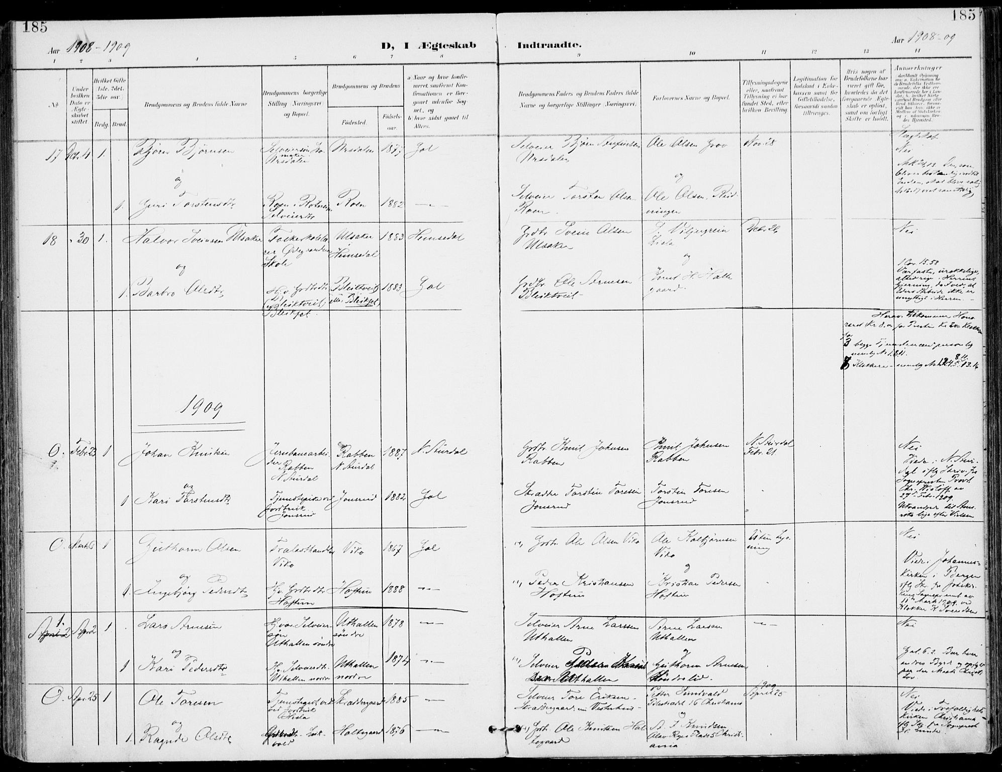 Gol kirkebøker, AV/SAKO-A-226/F/Fa/L0006: Parish register (official) no. I 6, 1901-1918, p. 185