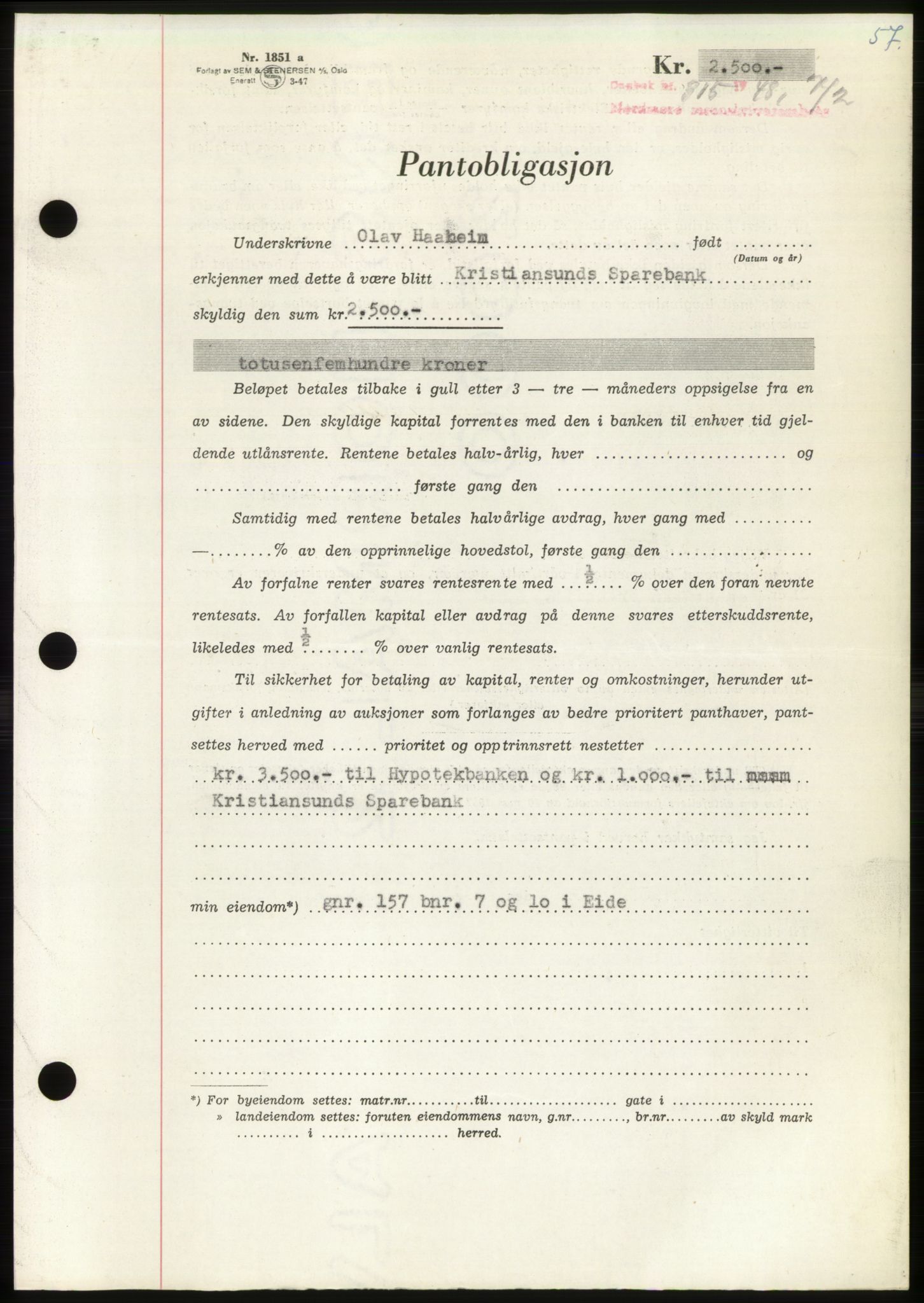 Nordmøre sorenskriveri, AV/SAT-A-4132/1/2/2Ca: Mortgage book no. B98, 1948-1948, Diary no: : 315/1948