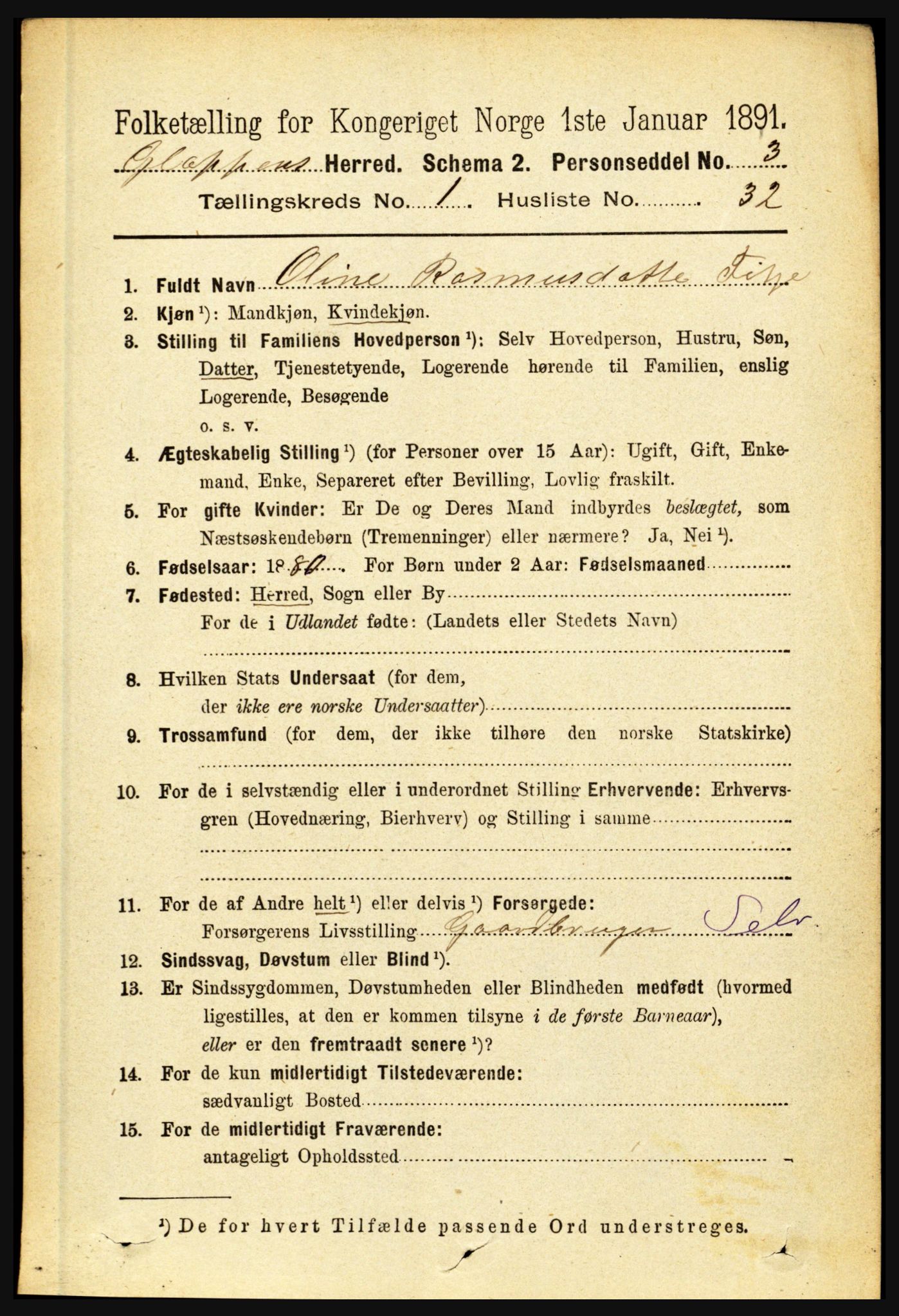 RA, 1891 census for 1445 Gloppen, 1891, p. 289