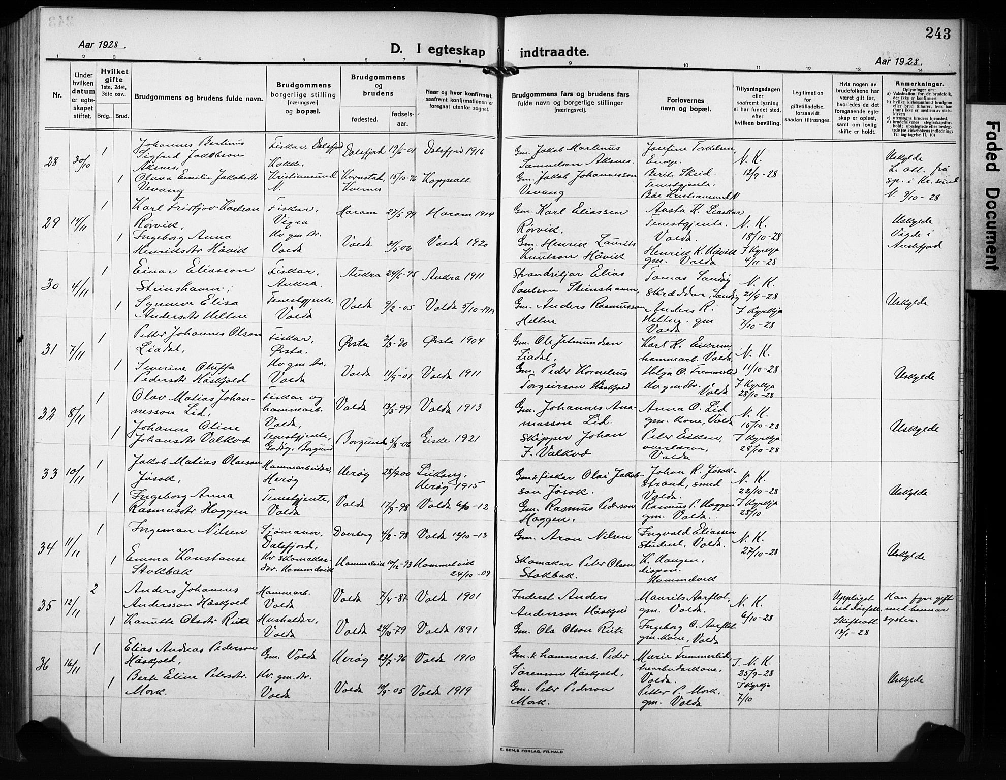 Ministerialprotokoller, klokkerbøker og fødselsregistre - Møre og Romsdal, AV/SAT-A-1454/511/L0160: Parish register (copy) no. 511C06, 1920-1932, p. 243