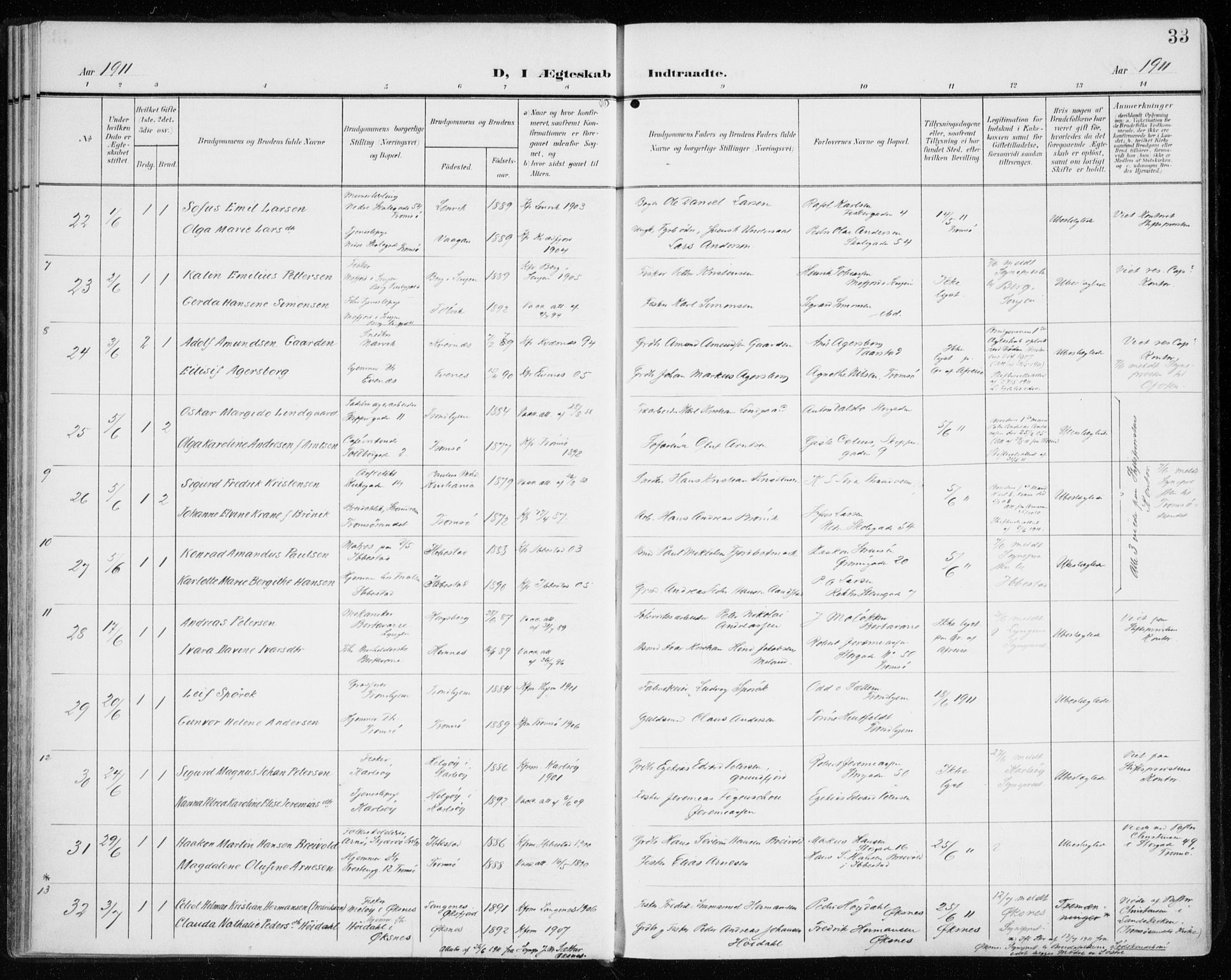 Tromsø sokneprestkontor/stiftsprosti/domprosti, SATØ/S-1343/G/Ga/L0018kirke: Parish register (official) no. 18, 1907-1917, p. 33
