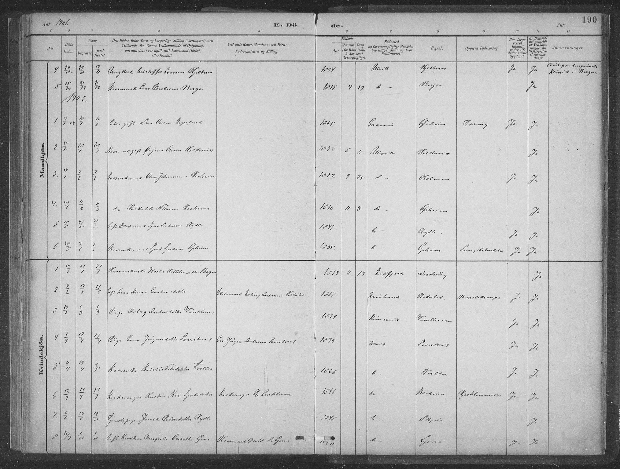 Ulvik sokneprestembete, SAB/A-78801/H/Hab: Parish register (copy) no. A 3, 1883-1908, p. 190
