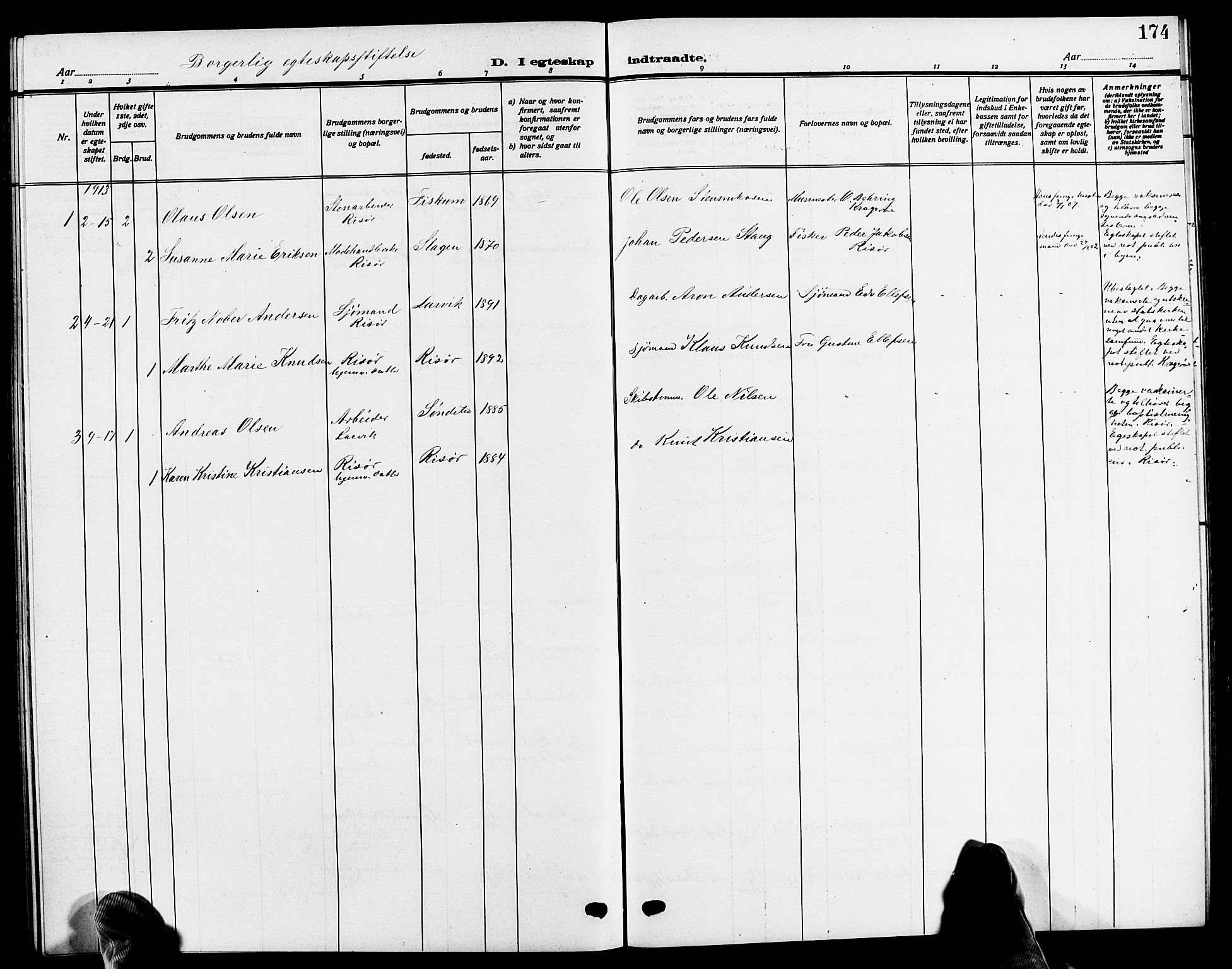 Risør sokneprestkontor, SAK/1111-0035/F/Fb/L0008: Parish register (copy) no. B 8, 1909-1921, p. 174