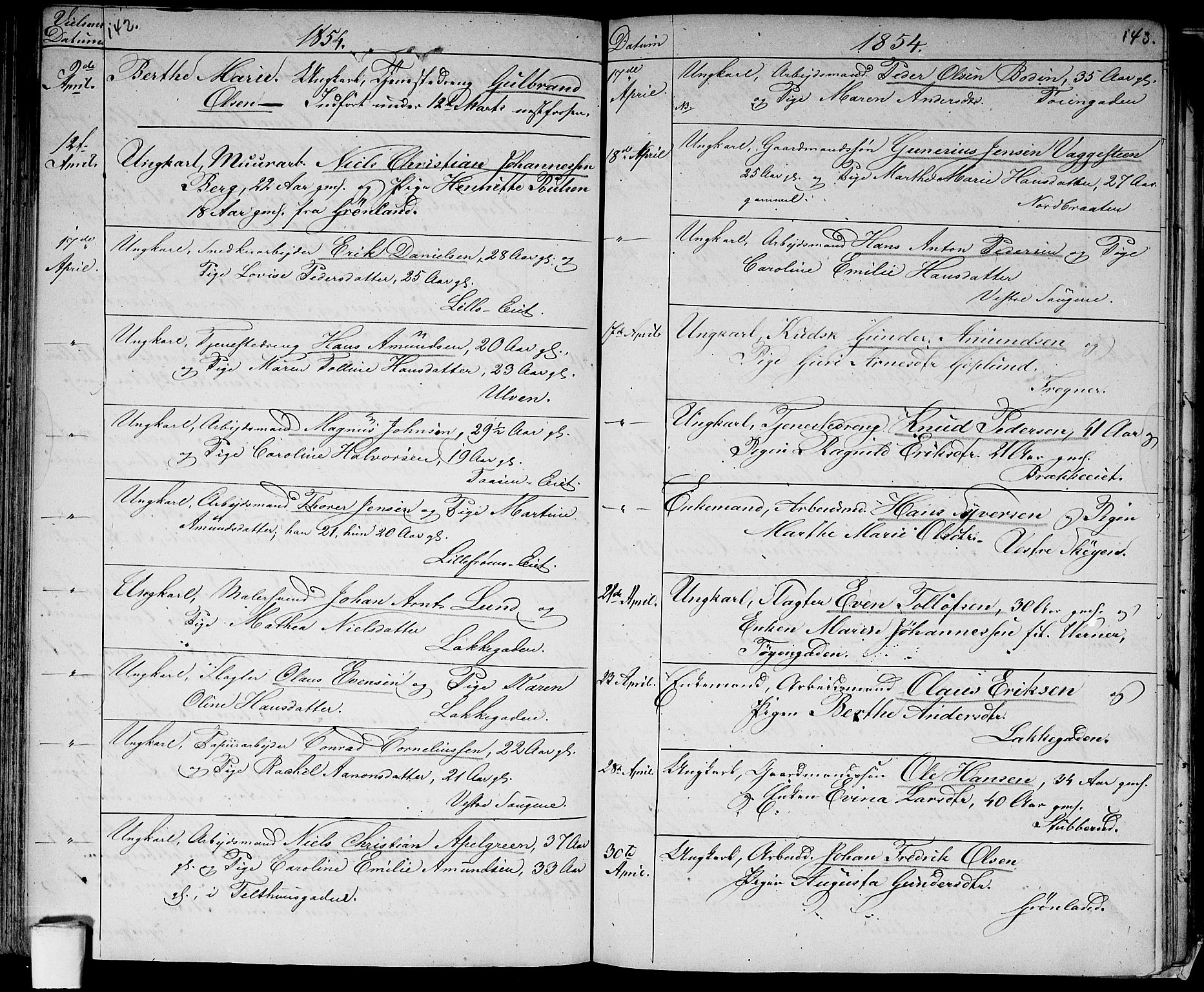 Aker prestekontor kirkebøker, SAO/A-10861/G/L0011: Parish register (copy) no. 11, 1846-1859, p. 142-143