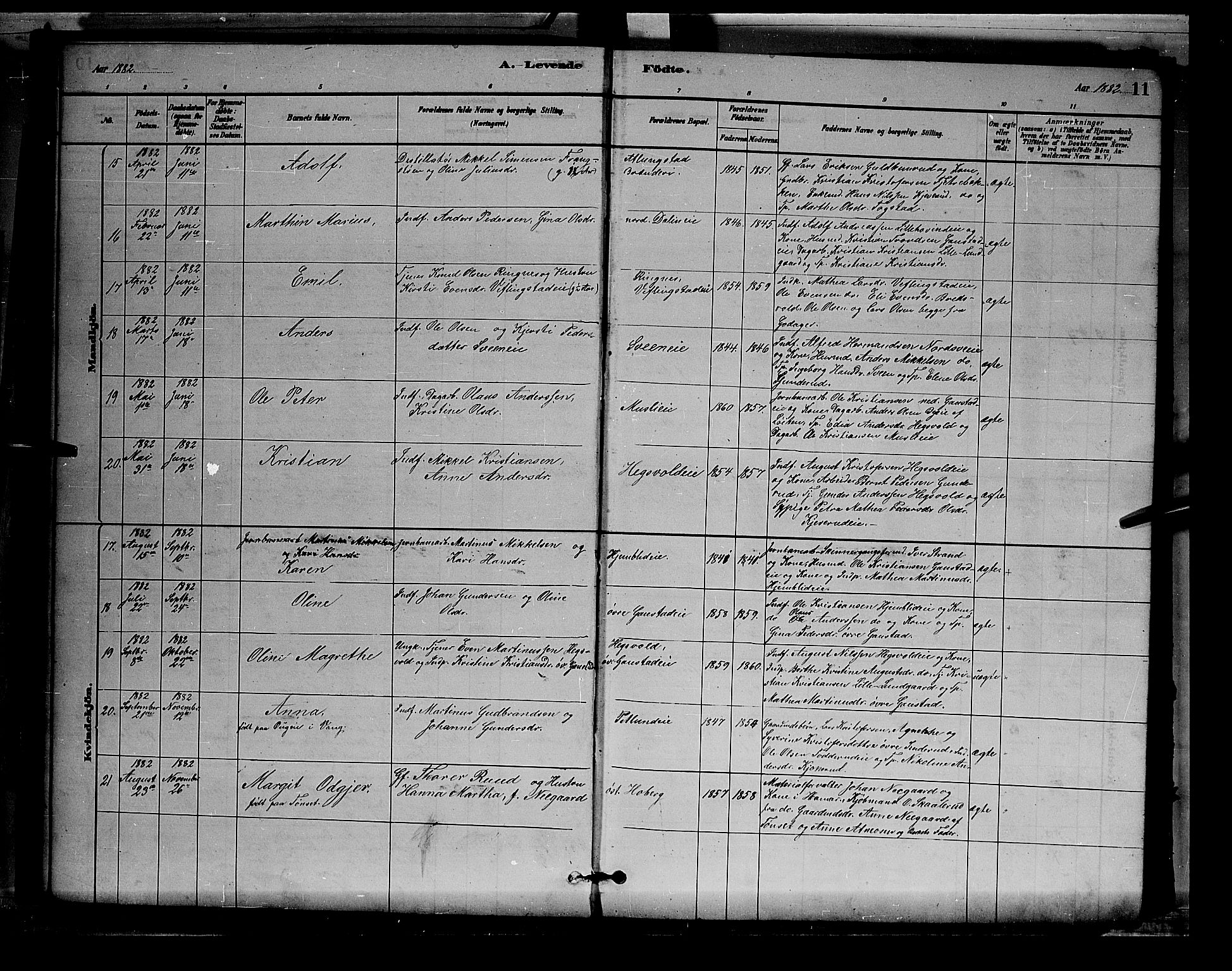 Stange prestekontor, AV/SAH-PREST-002/L/L0007: Parish register (copy) no. 7, 1880-1893, p. 11