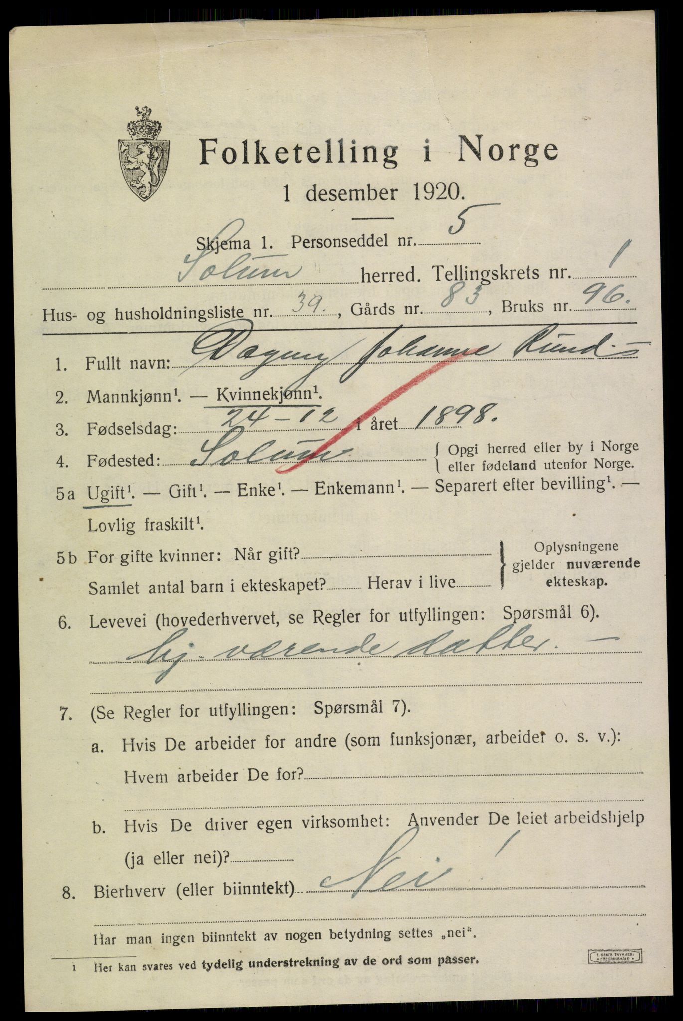 SAKO, 1920 census for Solum, 1920, p. 2970