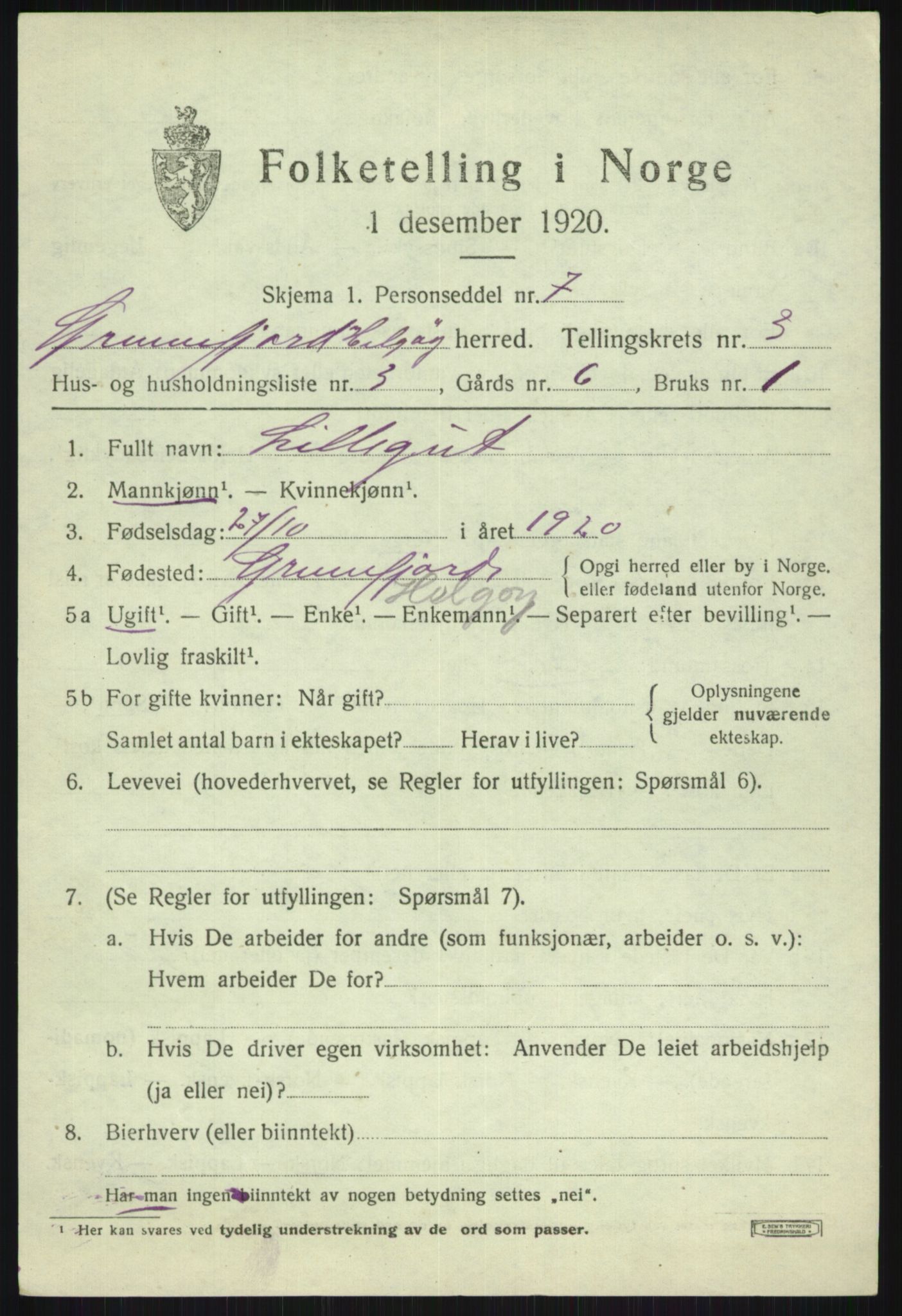 SATØ, 1920 census for Helgøy, 1920, p. 1421