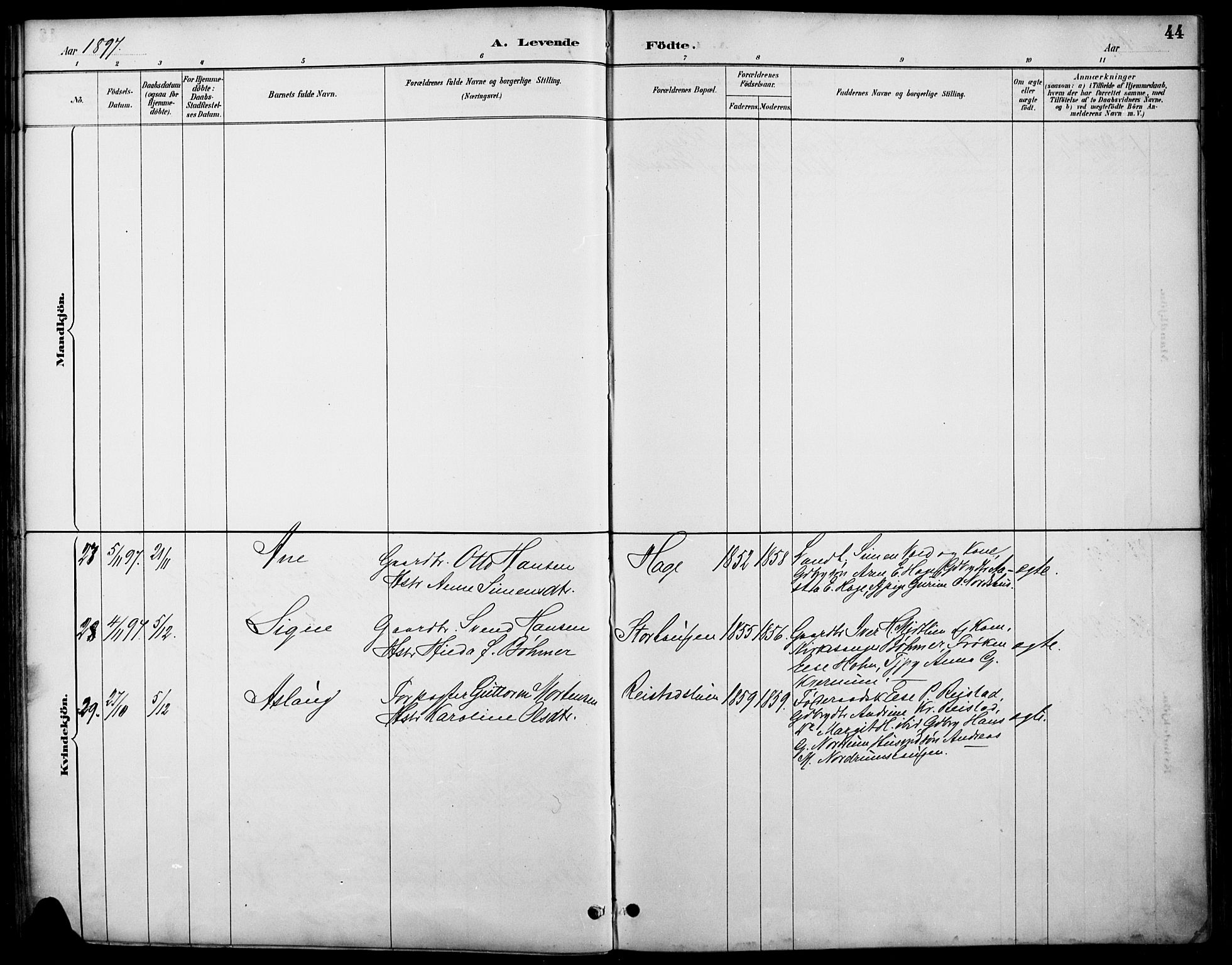 Østre Gausdal prestekontor, AV/SAH-PREST-092/H/Ha/Haa/L0002: Parish register (official) no. 2, 1887-1897, p. 44