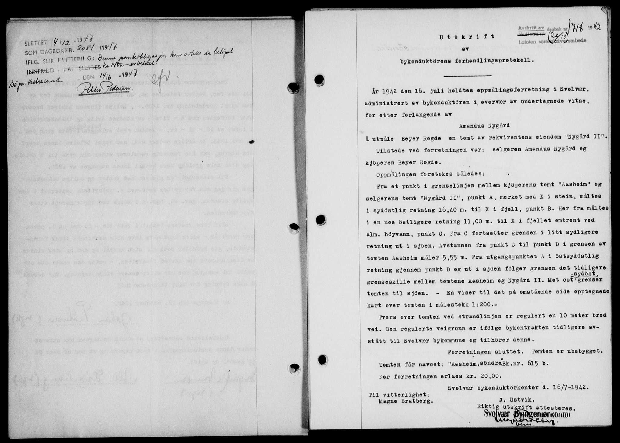 Lofoten sorenskriveri, SAT/A-0017/1/2/2C/L0010a: Mortgage book no. 10a, 1942-1943, Diary no: : 1718/1942