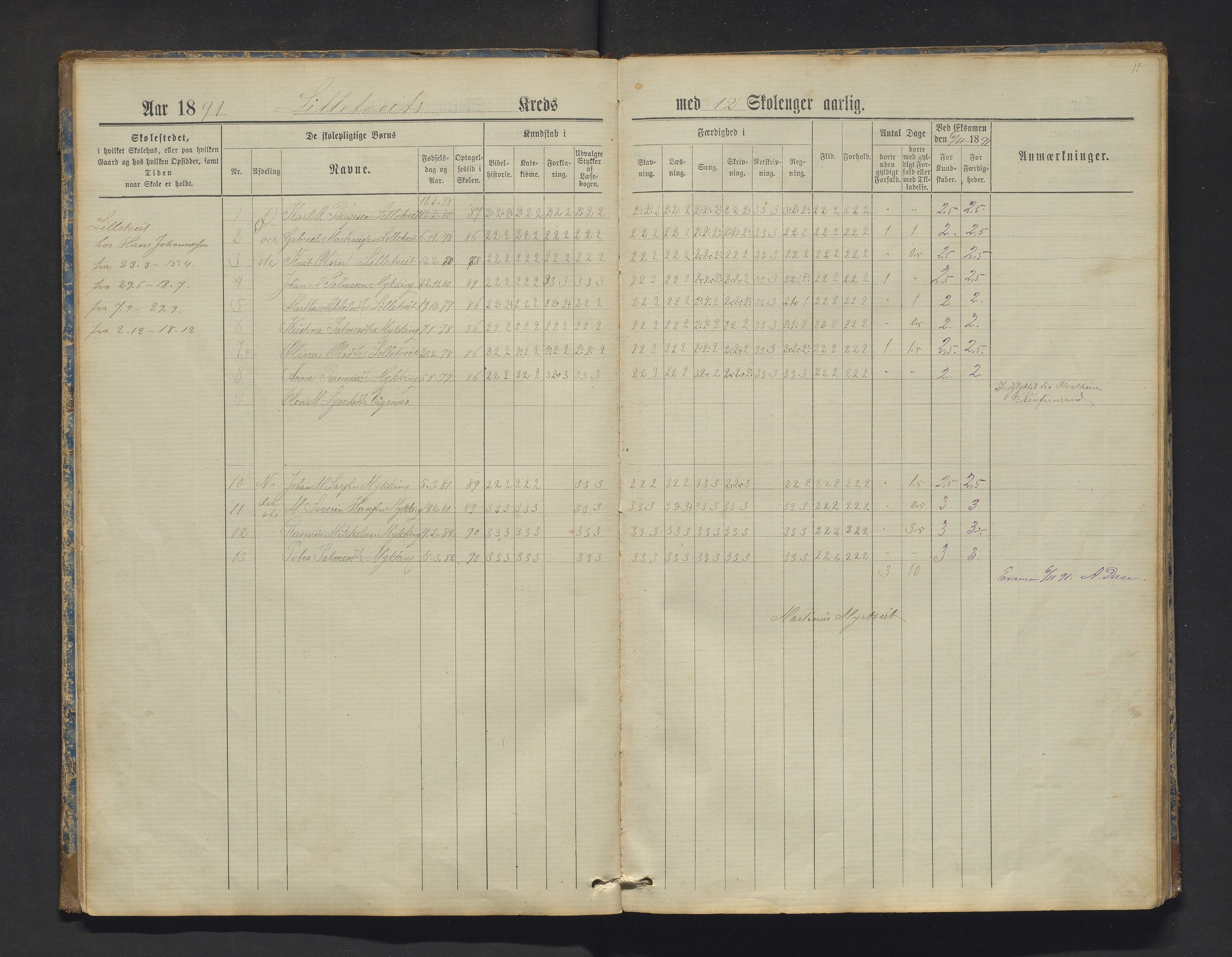 Manger kommune. Barneskulane, IKAH/1261-231/F/Fa/L0002: Skuleprotokoll for Toska, Manger, Dalland, Lilletvedt, Sætre og Helle krinsar , 1882-1916, p. 11