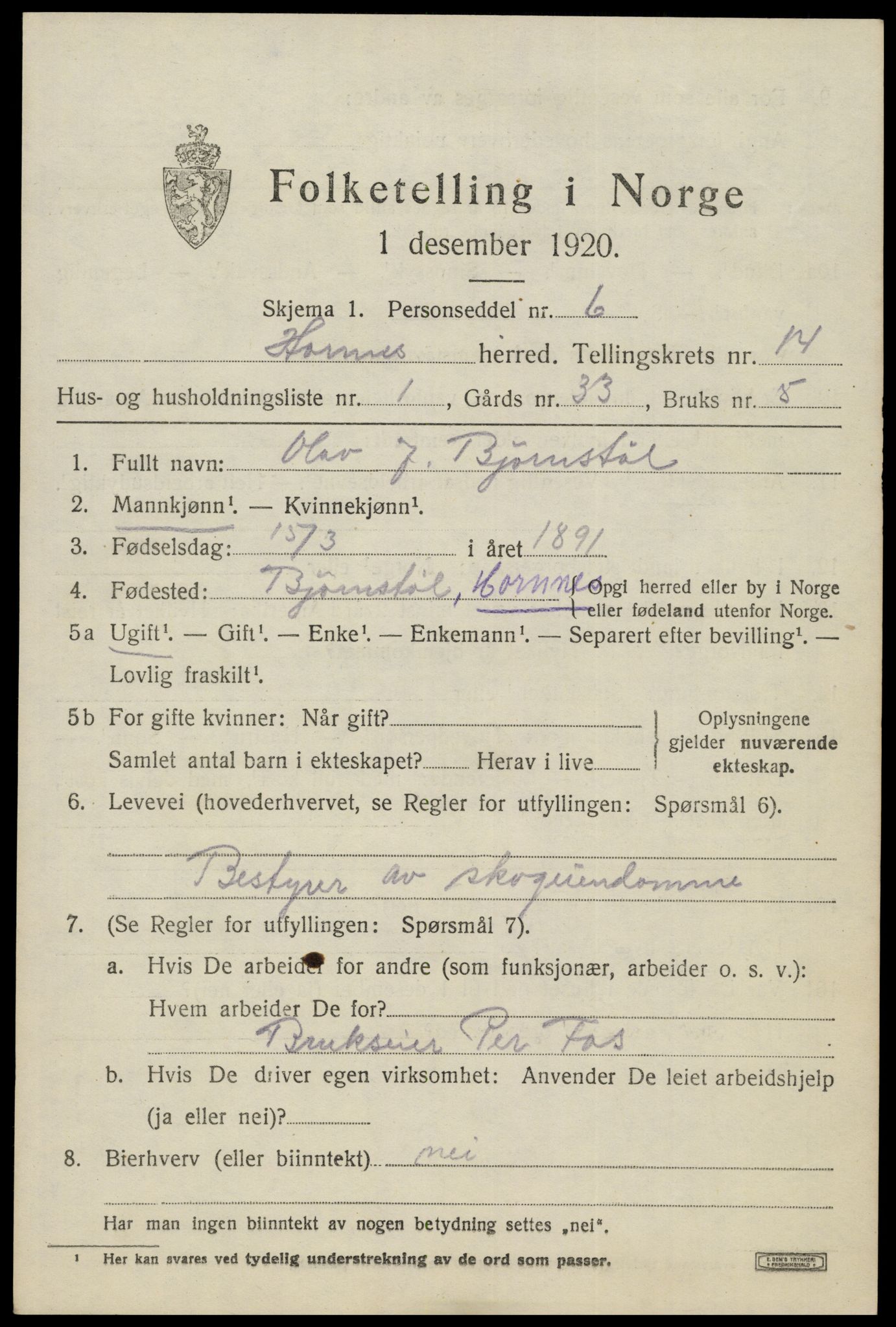 SAK, 1920 census for Hornnes, 1920, p. 3261