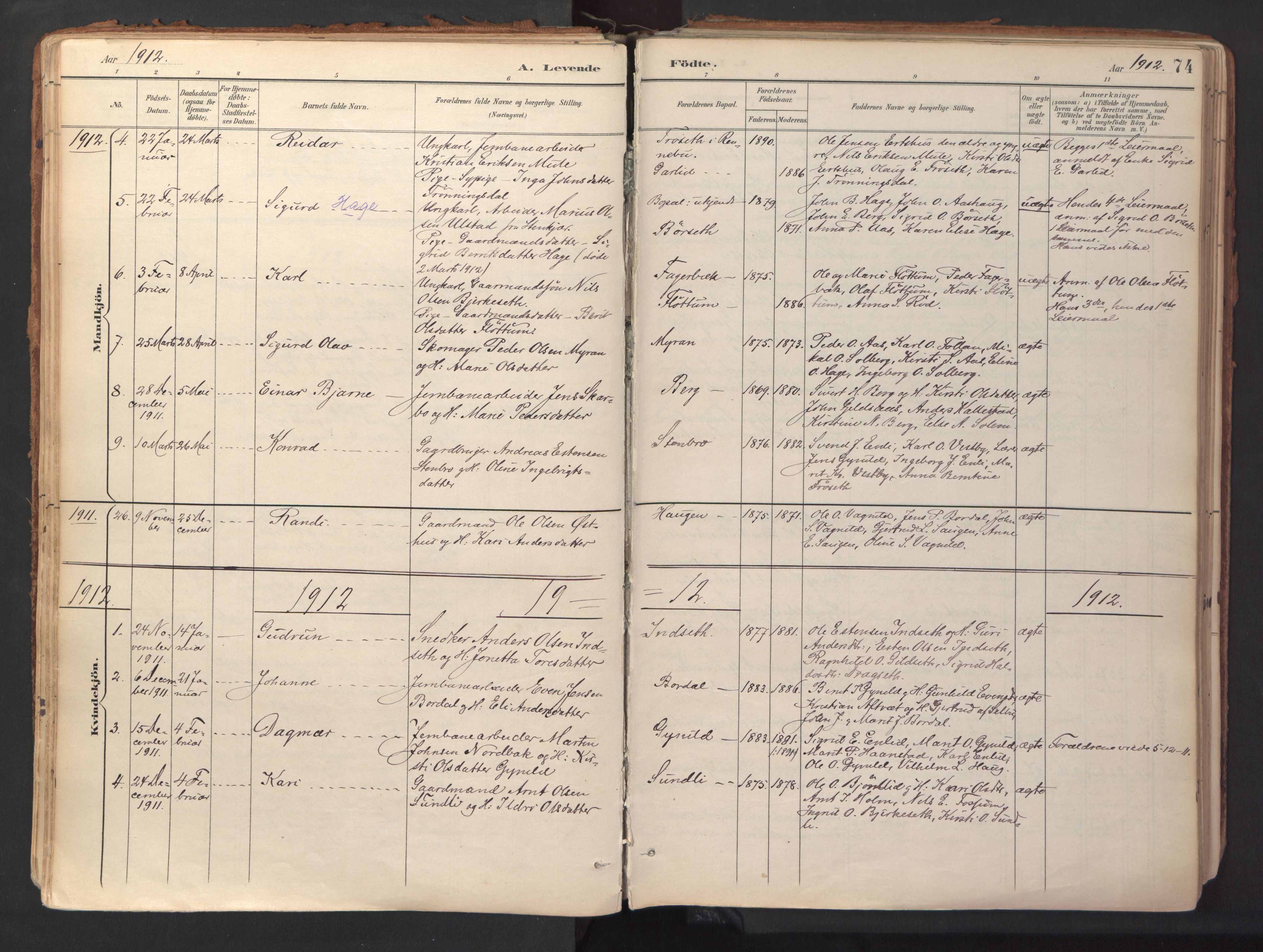 Ministerialprotokoller, klokkerbøker og fødselsregistre - Sør-Trøndelag, SAT/A-1456/689/L1041: Parish register (official) no. 689A06, 1891-1923, p. 74