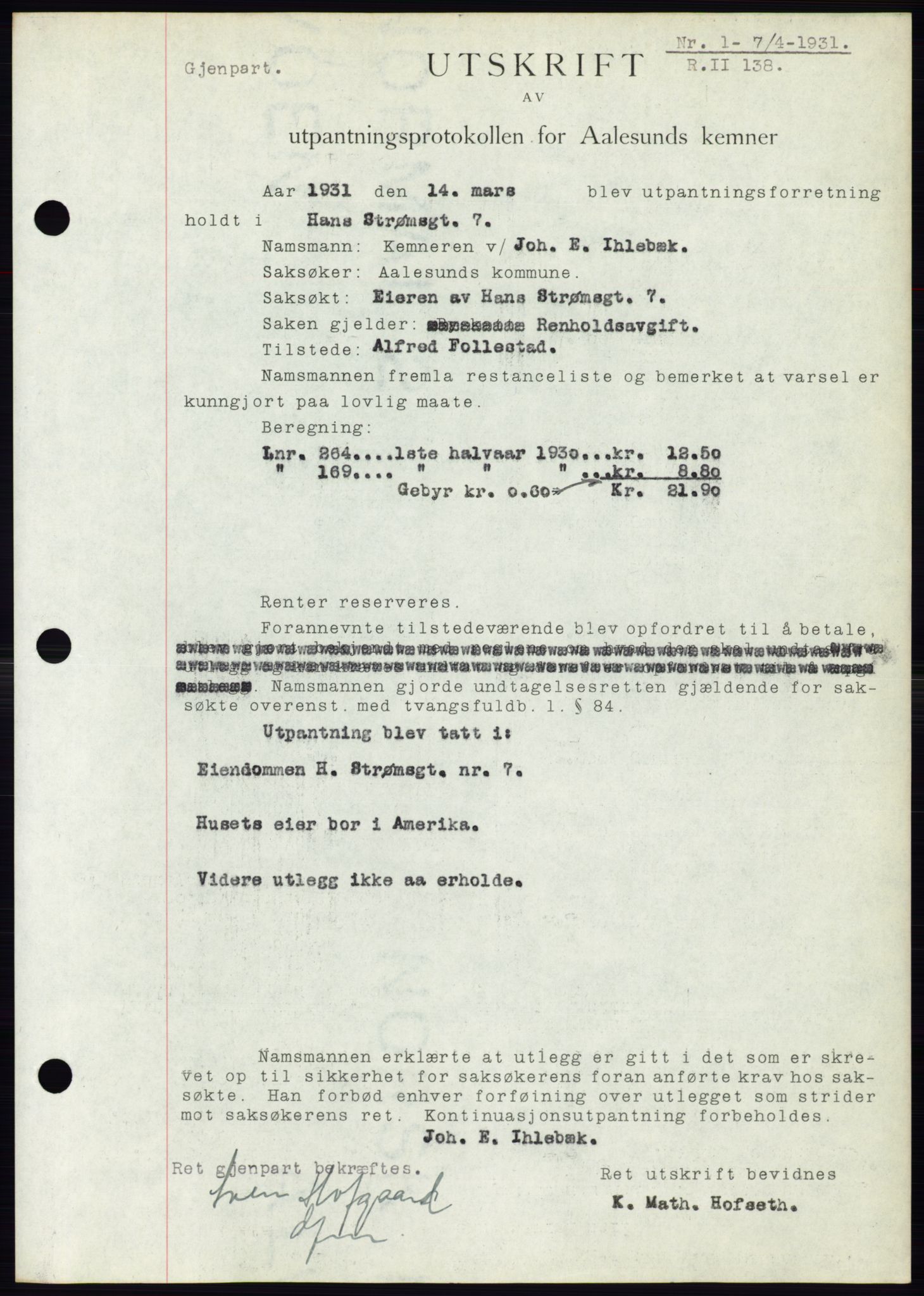 Ålesund byfogd, AV/SAT-A-4384: Mortgage book no. 27, 1930-1931, Deed date: 07.04.1931