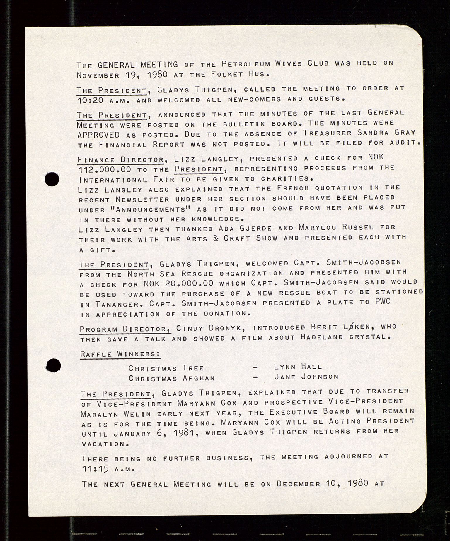 PA 1547 - Petroleum Wives Club, AV/SAST-A-101974/A/Aa/L0001: Board and General Meeting, 1970-1983