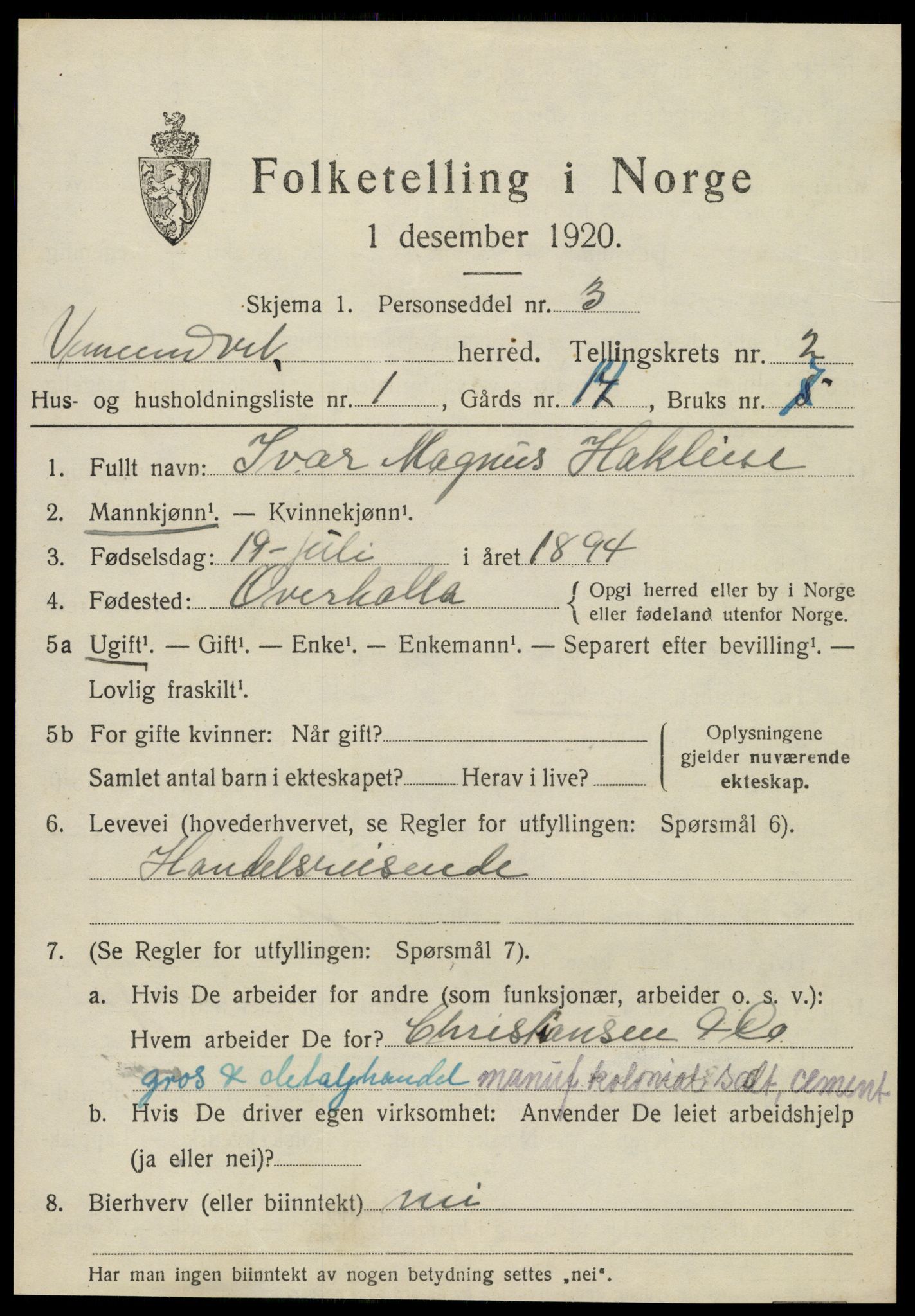 SAT, 1920 census for Vemundvik, 1920, p. 2463