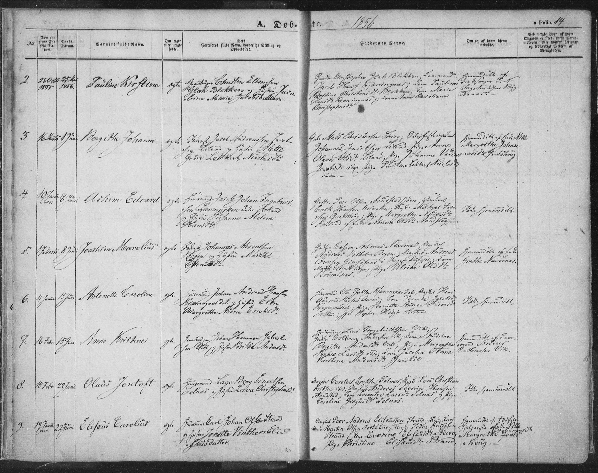 Ministerialprotokoller, klokkerbøker og fødselsregistre - Nordland, SAT/A-1459/895/L1369: Parish register (official) no. 895A04, 1852-1872, p. 14
