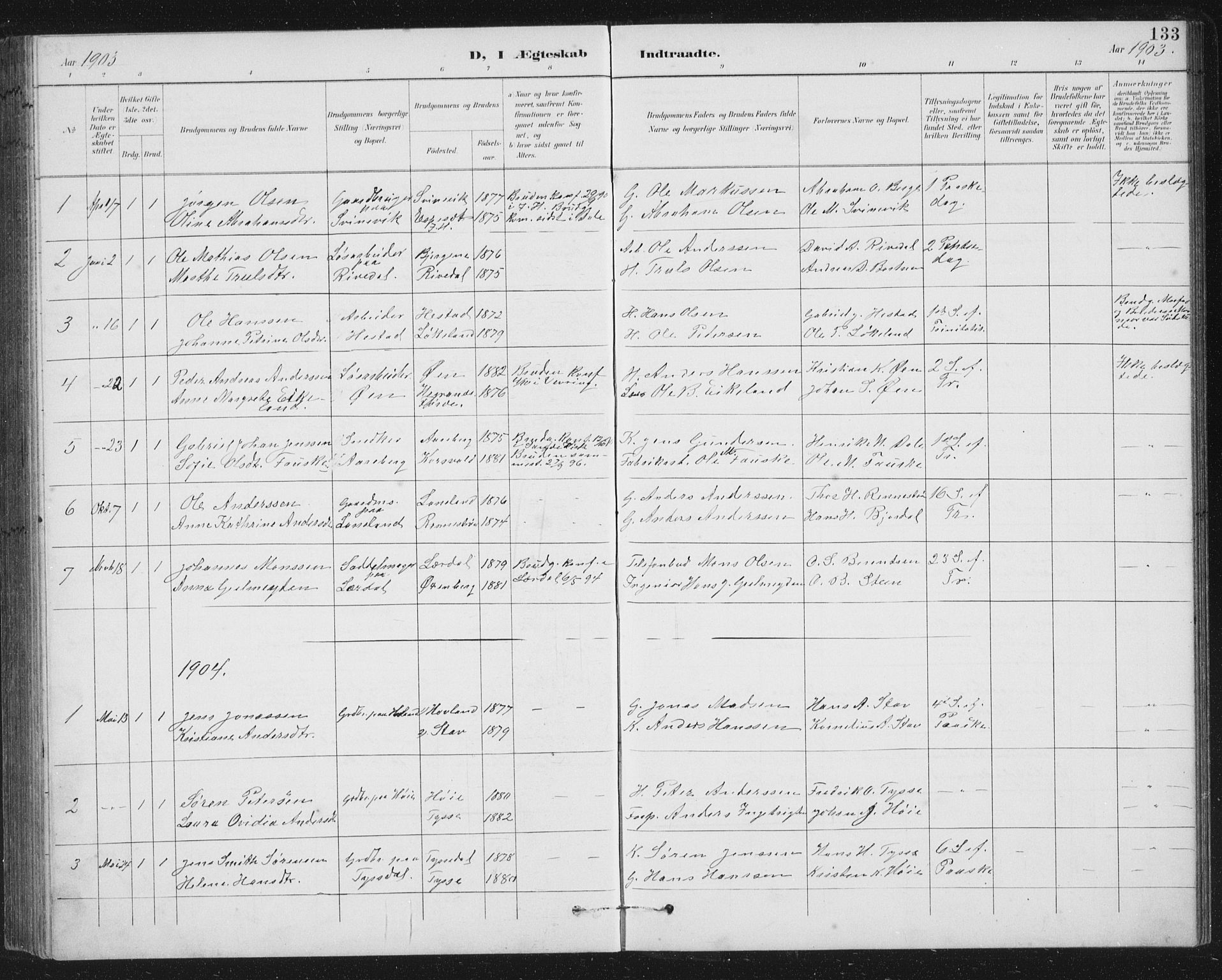 Fjaler sokneprestembete, SAB/A-79801/H/Hab/Habc/L0003: Parish register (copy) no. C 3, 1894-1917, p. 133