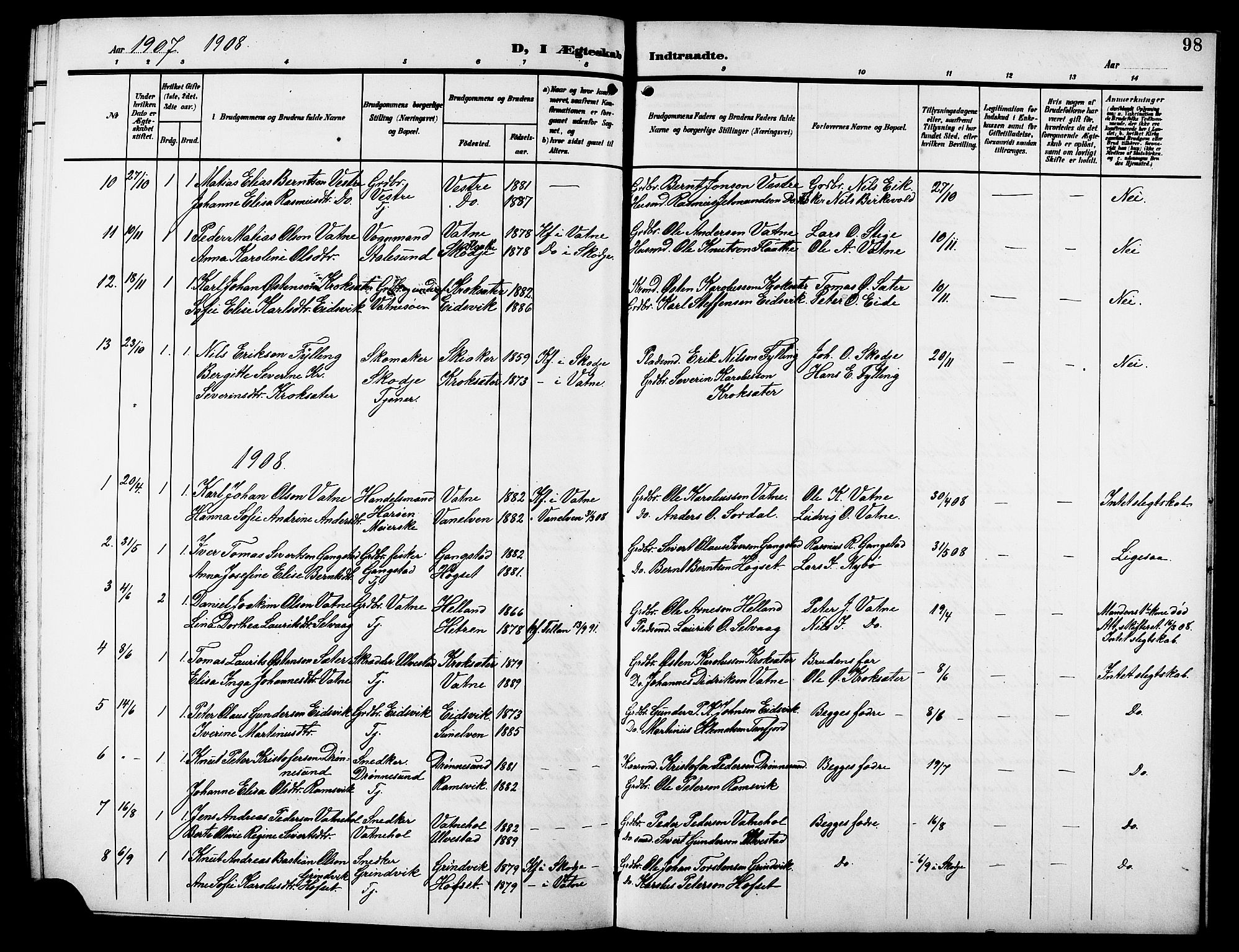 Ministerialprotokoller, klokkerbøker og fødselsregistre - Møre og Romsdal, SAT/A-1454/525/L0377: Parish register (copy) no. 525C03, 1903-1917, p. 98