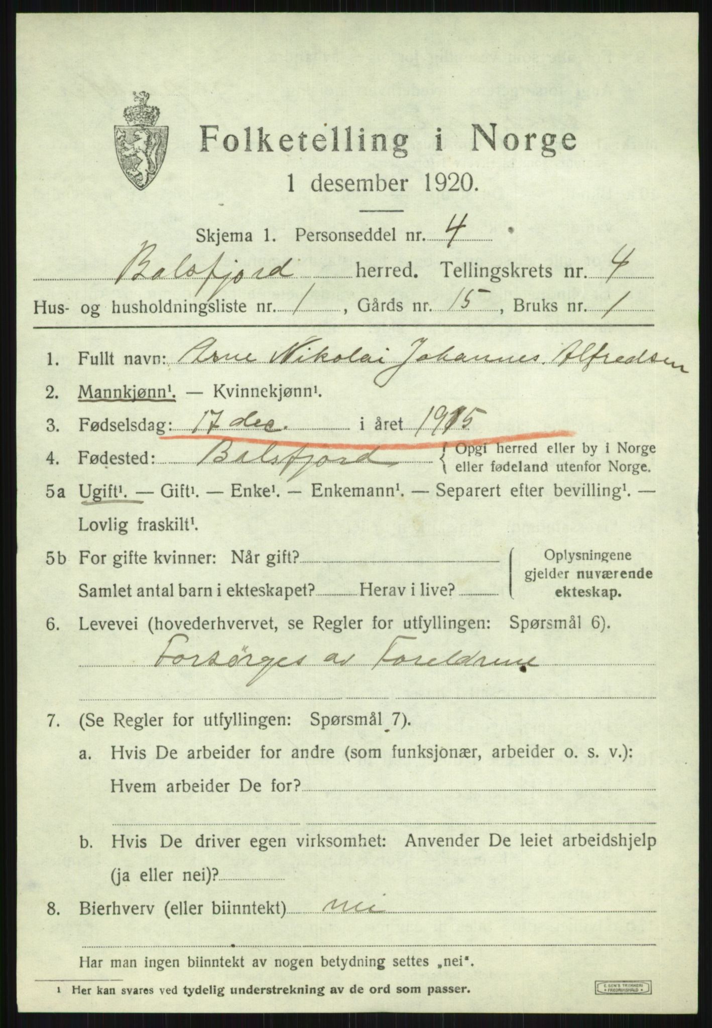 SATØ, 1920 census for Balsfjord, 1920, p. 2705
