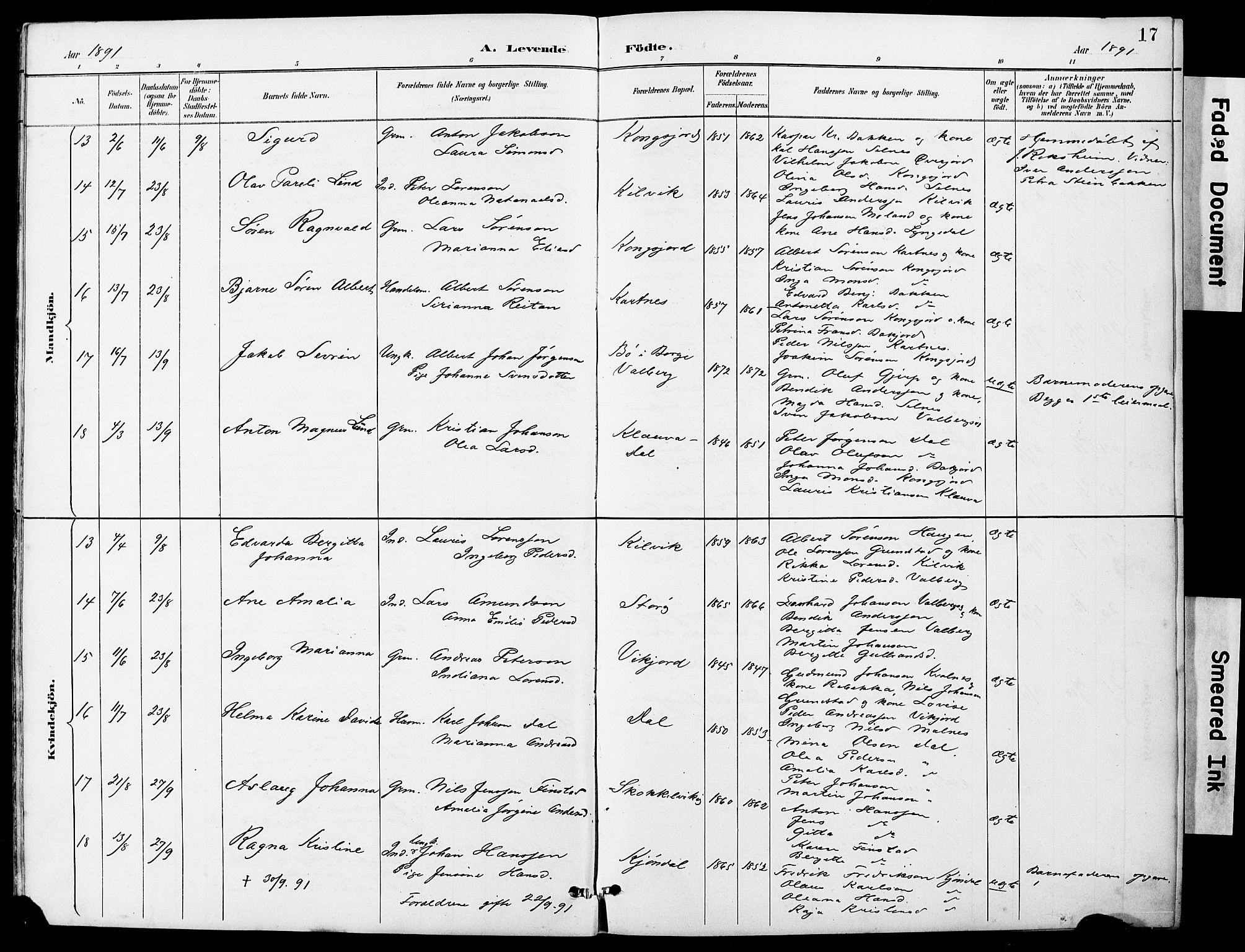 Ministerialprotokoller, klokkerbøker og fødselsregistre - Nordland, AV/SAT-A-1459/884/L1197: Parish register (copy) no. 884C03, 1888-1926, p. 17