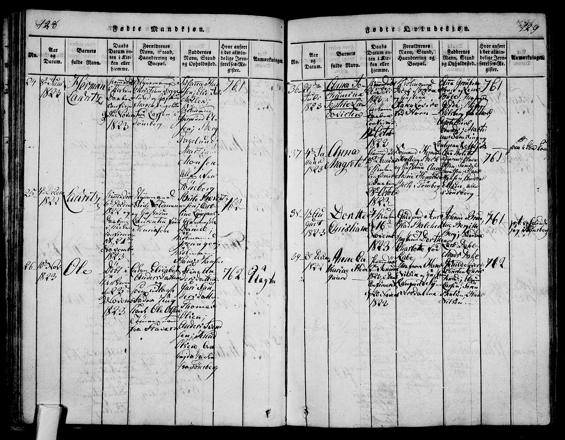 Tønsberg kirkebøker, AV/SAKO-A-330/F/Fa/L0004: Parish register (official) no. I 4, 1813-1826, p. 128-129