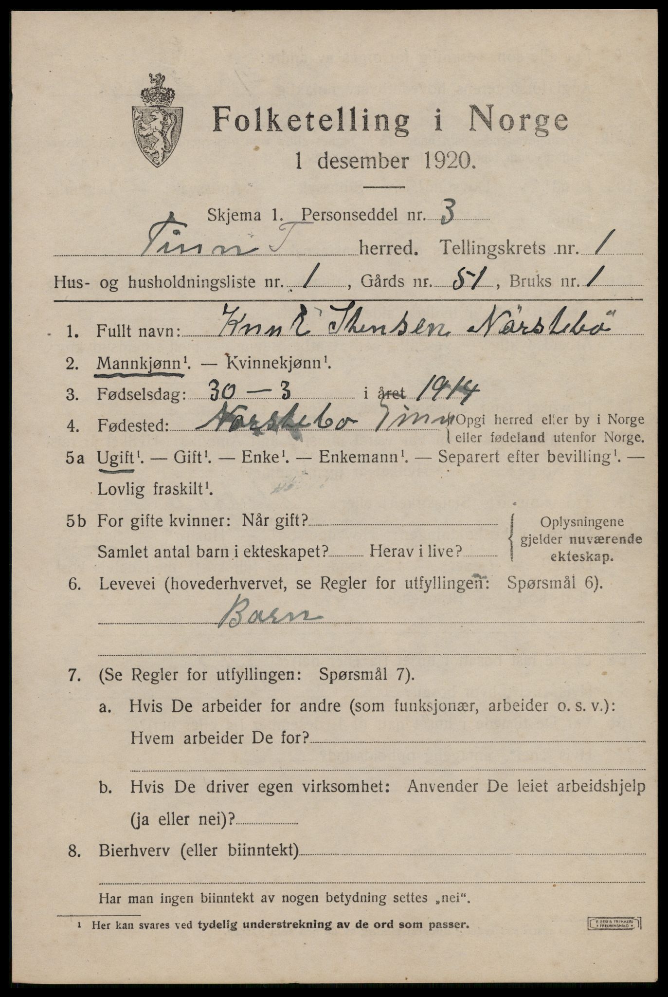 SAKO, 1920 census for Tinn, 1920, p. 2692